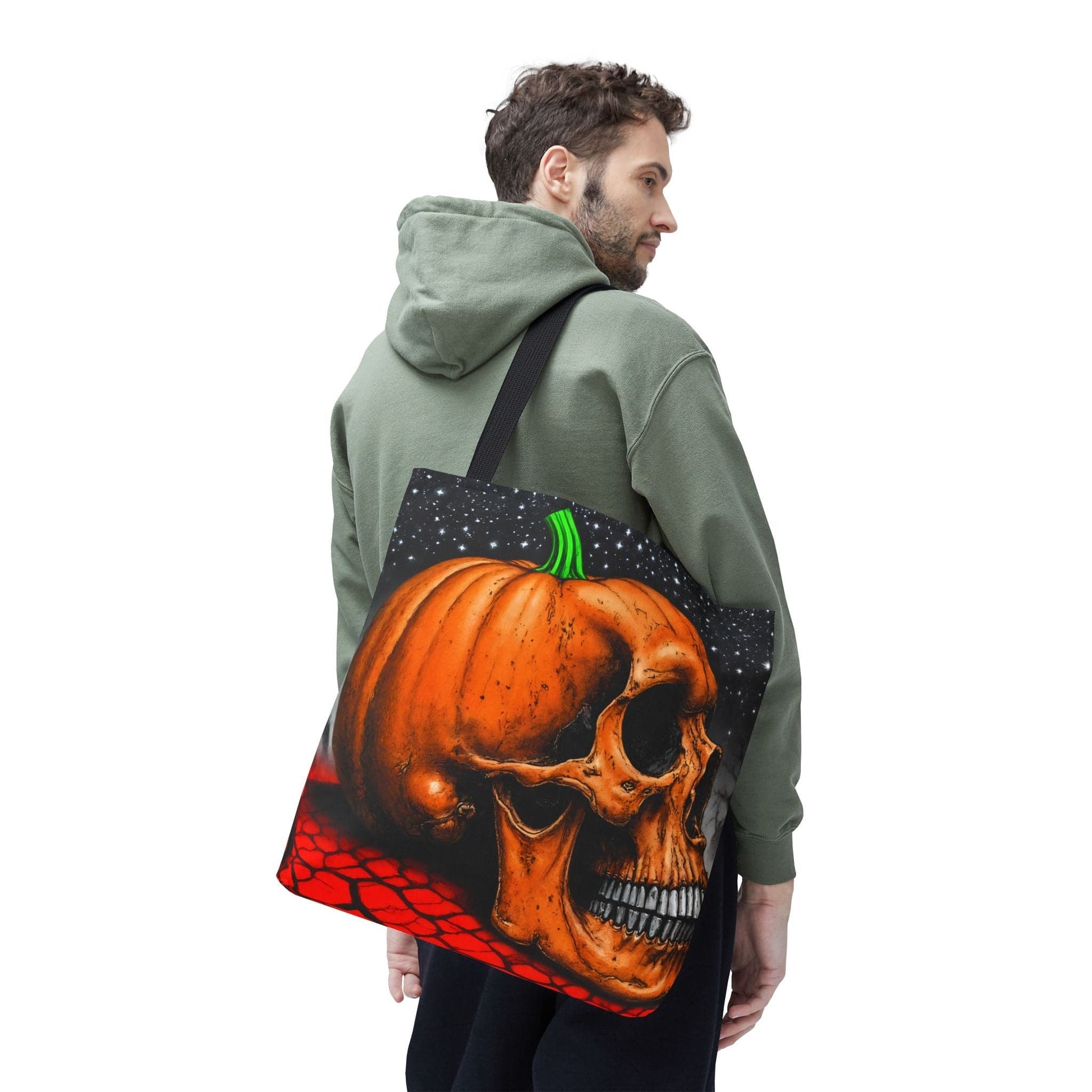 Printify Bags Spooky Skull Pumpkin Tote: Halloween Trick-or-Treat Bag, Gothic Fall Accessory, Unique Gift