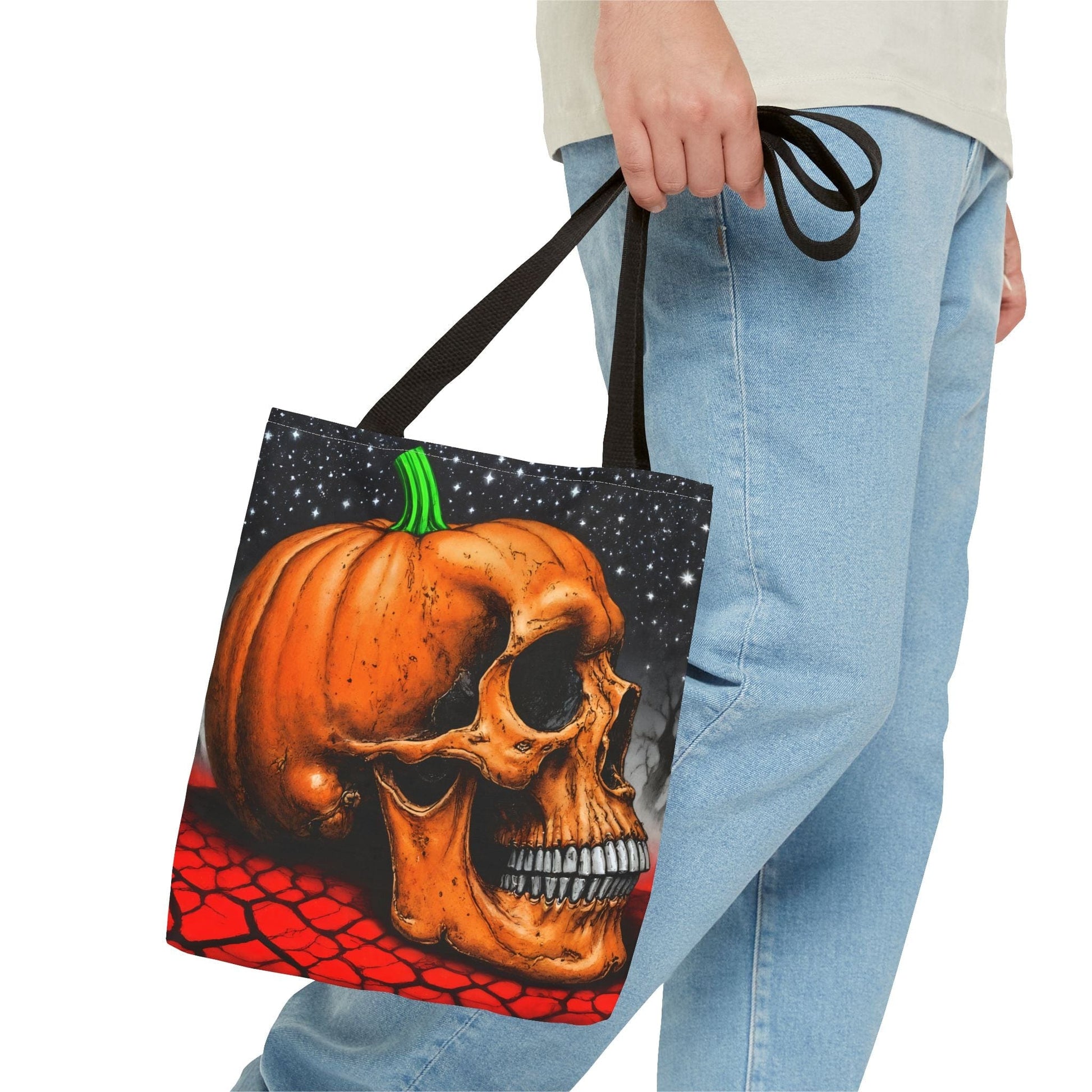 Printify Bags Spooky Skull Pumpkin Tote: Halloween Trick-or-Treat Bag, Gothic Fall Accessory, Unique Gift