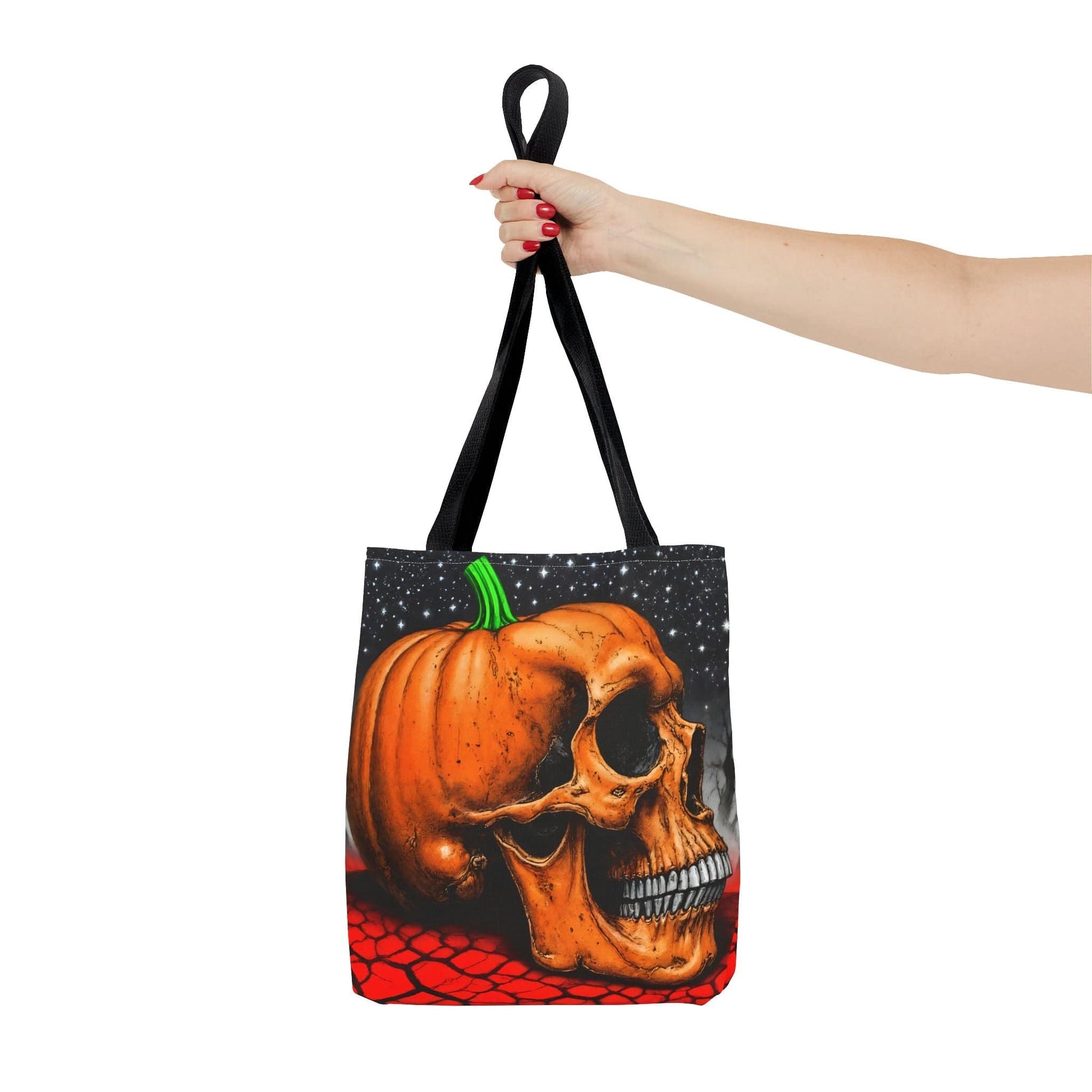 Printify Bags Spooky Skull Pumpkin Tote: Halloween Trick-or-Treat Bag, Gothic Fall Accessory, Unique Gift