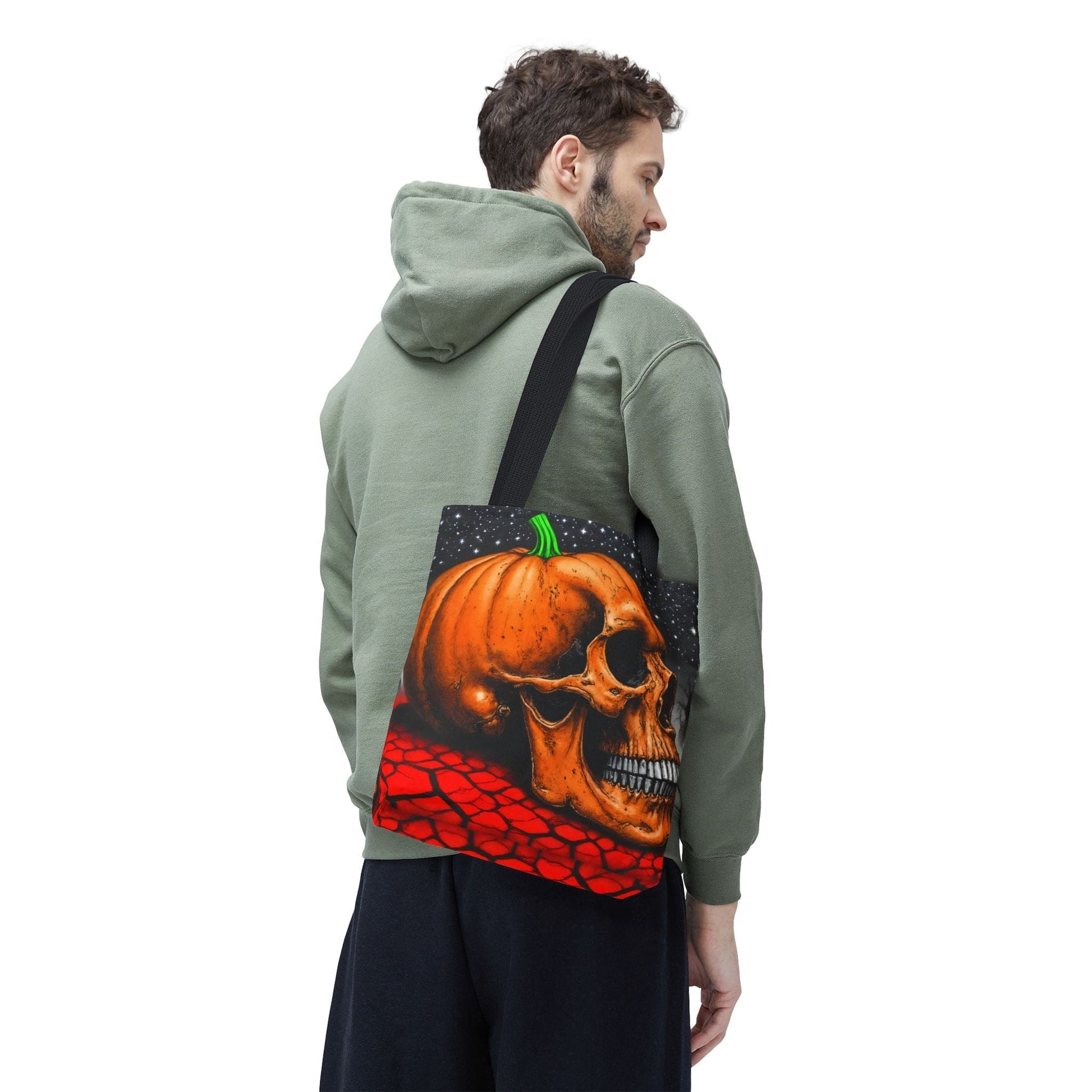 Printify Bags Spooky Skull Pumpkin Tote: Halloween Trick-or-Treat Bag, Gothic Fall Accessory, Unique Gift