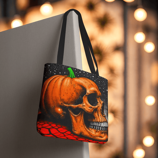 Printify Bags Spooky Skull Pumpkin Tote: Halloween Trick-or-Treat Bag, Gothic Fall Accessory, Unique Gift