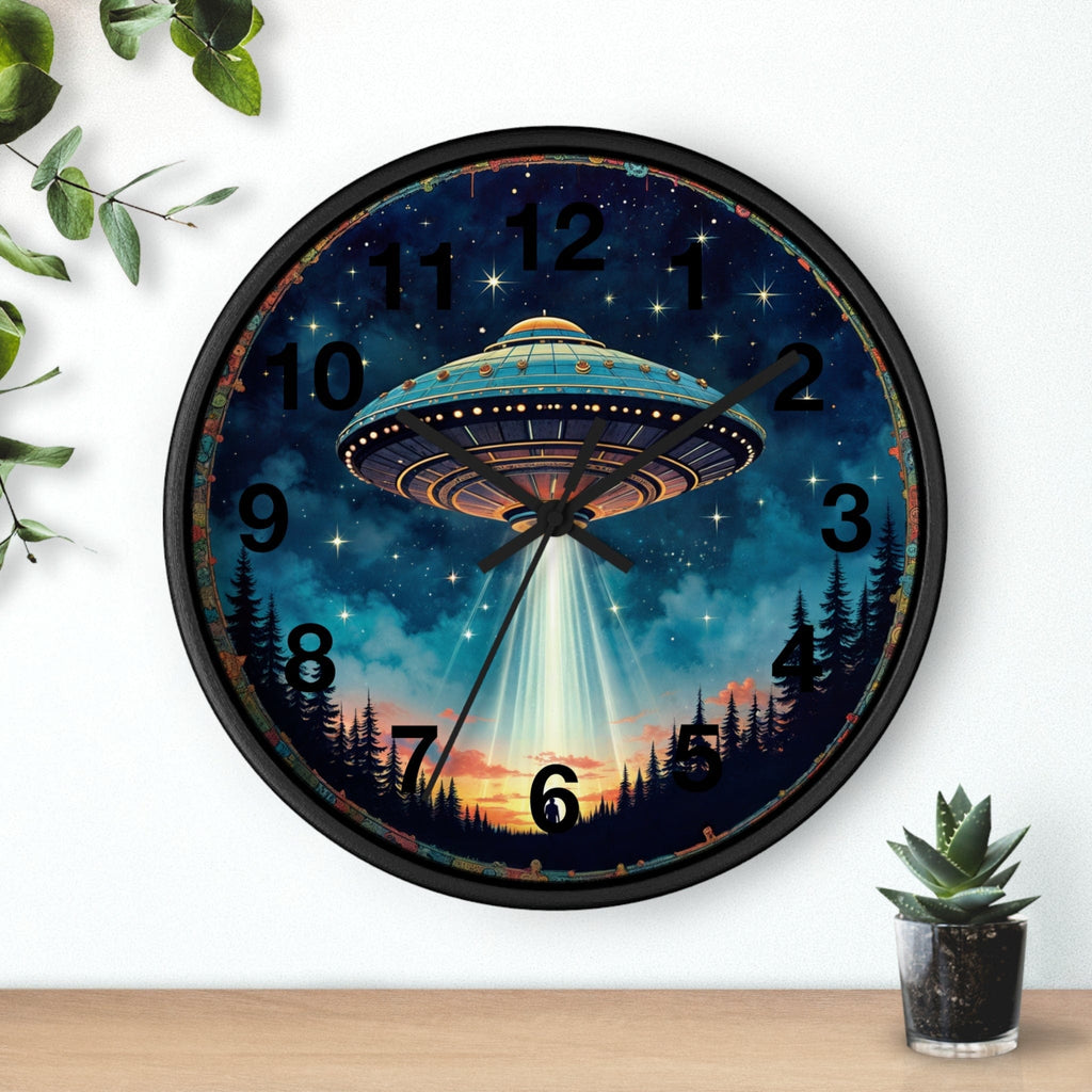 Printify Home Decor Black Base / Black / 10" Aliens Are Here UFO O'clock - Wall Clock, Whimsical Timepiece, Fun UFO Clock