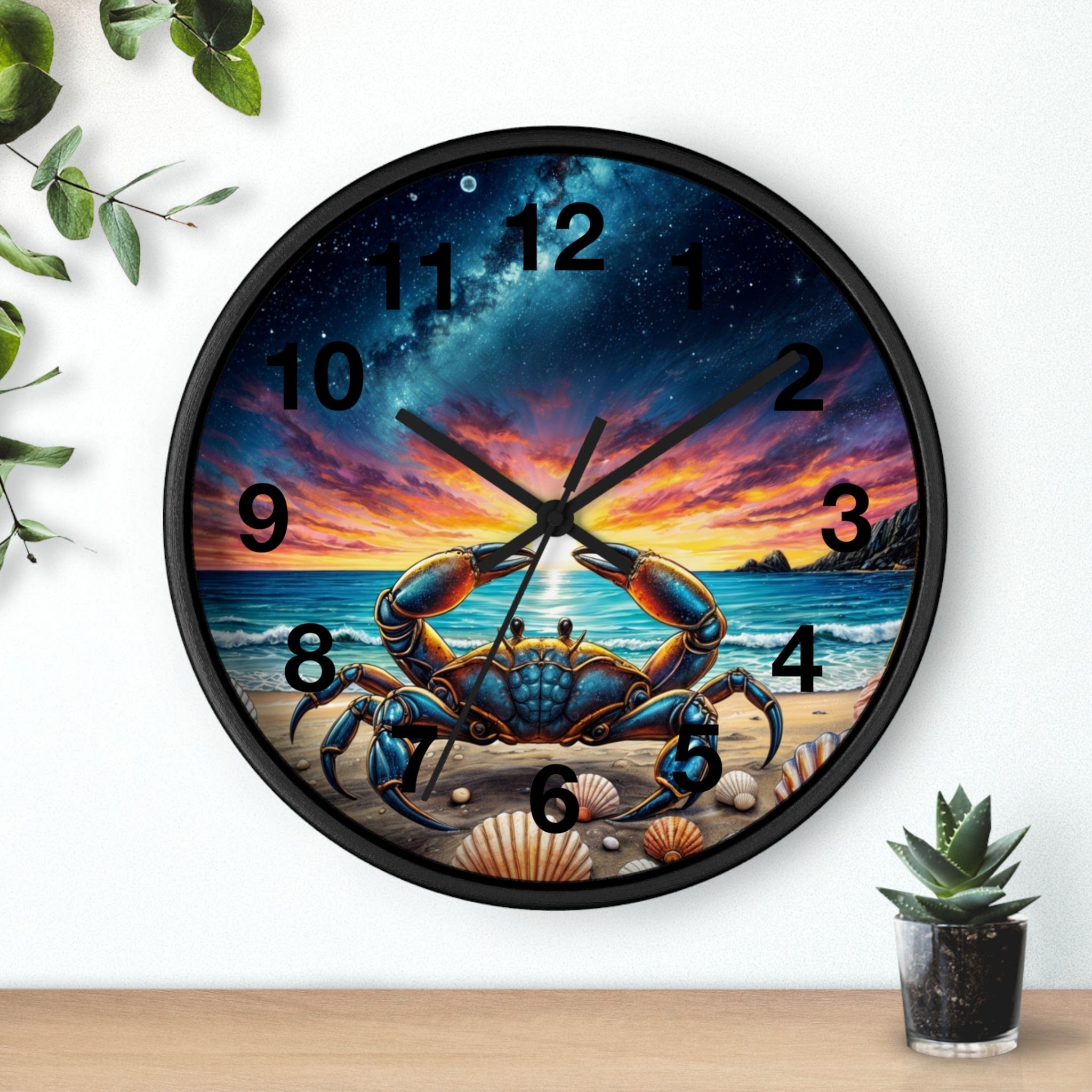 Printify Home Decor Black Base / Black / 10" Cancer Zodiac O'clock - Crab Wall Clock, Whimsical Sunset Timepiece, Fun Astrology Clock