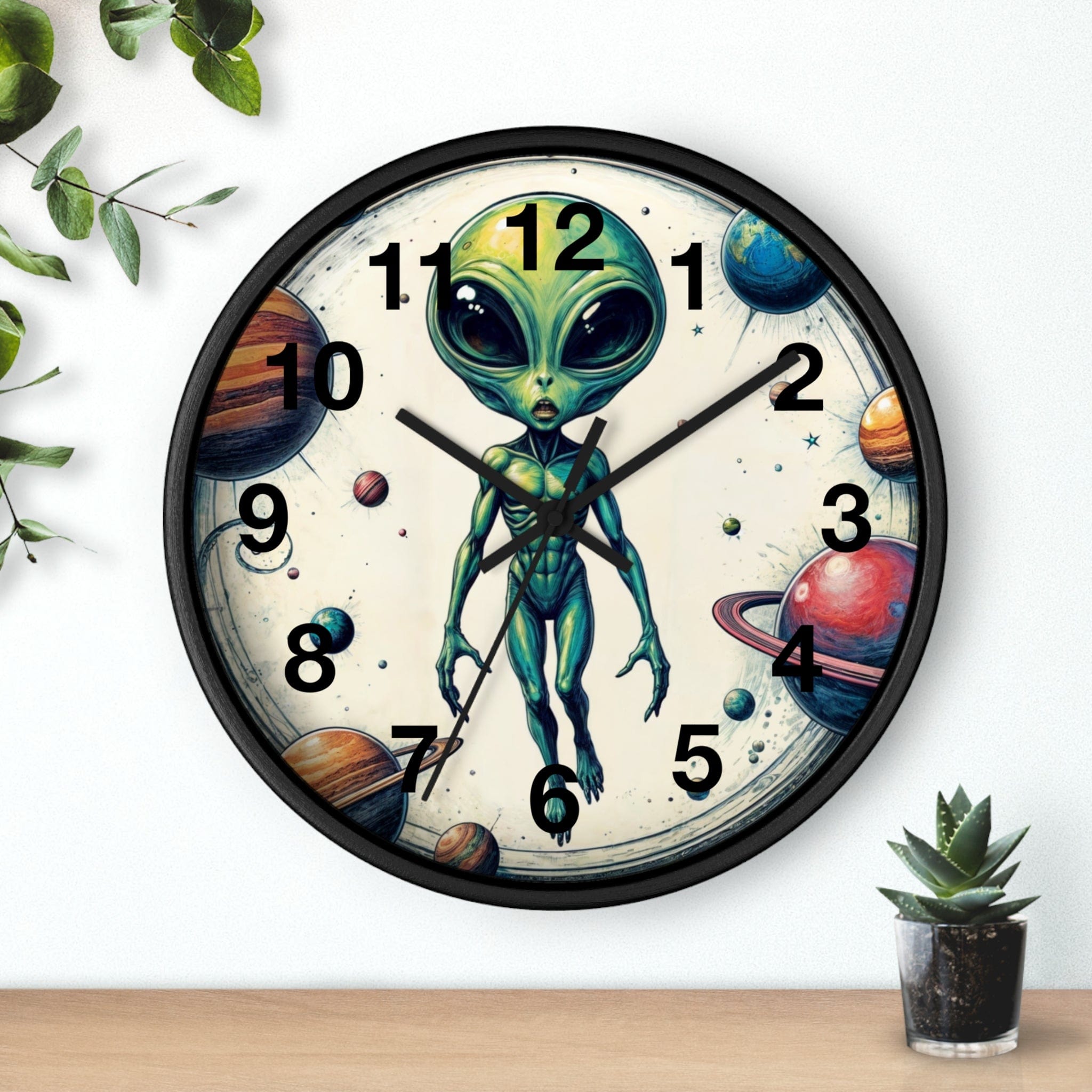 Printify Home Decor Black Base / Black / 10" Lost in Space Alien O'clock - Wall Clock, Whimsical Timepiece, Fun Alien Clock