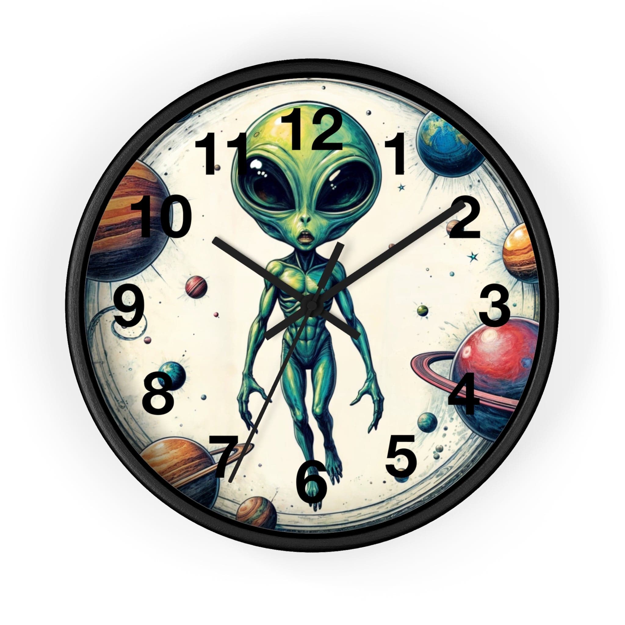 Printify Home Decor Black Base / Black / 10" Lost in Space Alien O'clock - Wall Clock, Whimsical Timepiece, Fun Alien Clock