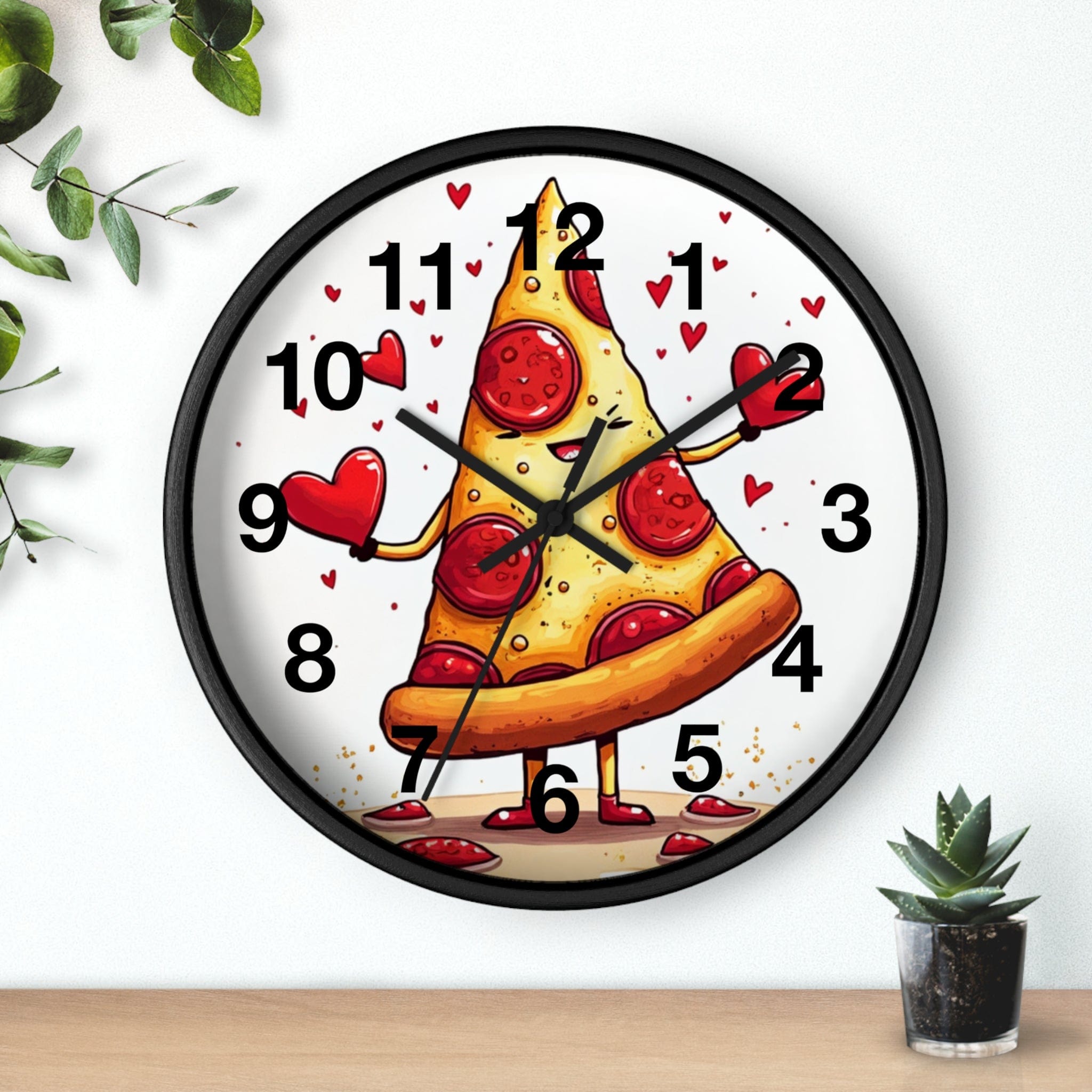 Printify Home Decor Black Base / Black / 10" Love at First Bite Pizza O'clock - Wall Clock, Whimsical Timepiece, Fun Foodie Clock