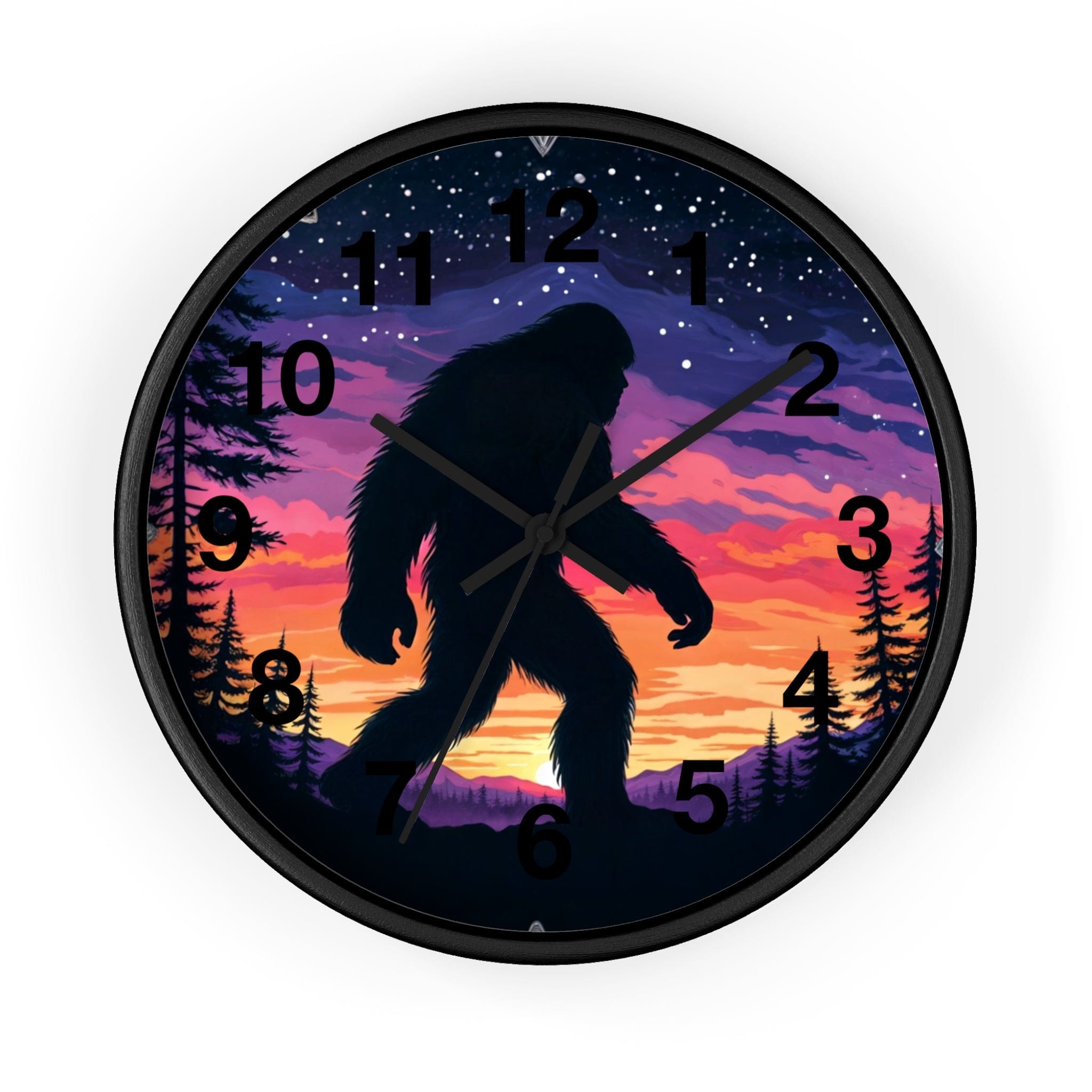 Printify Home Decor Black Base / Black / 10" Mythical & Mysterious Bigfoot O'clock - Wall Clock, Whimsical Timepiece, Fun Yeti Clock
