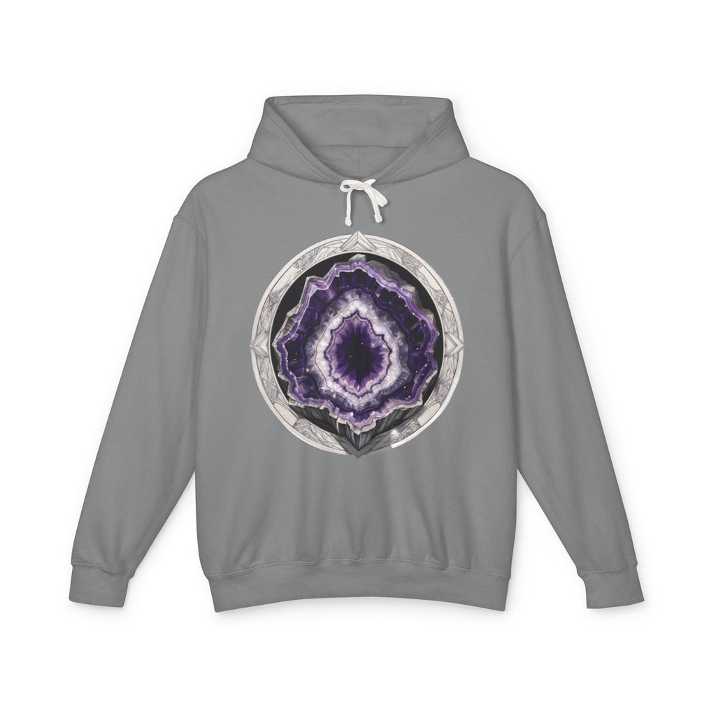 Printify Hoodie S / Grey Amethyst Crystals Gemstones - Lightweight Hoodie (Print On Front)