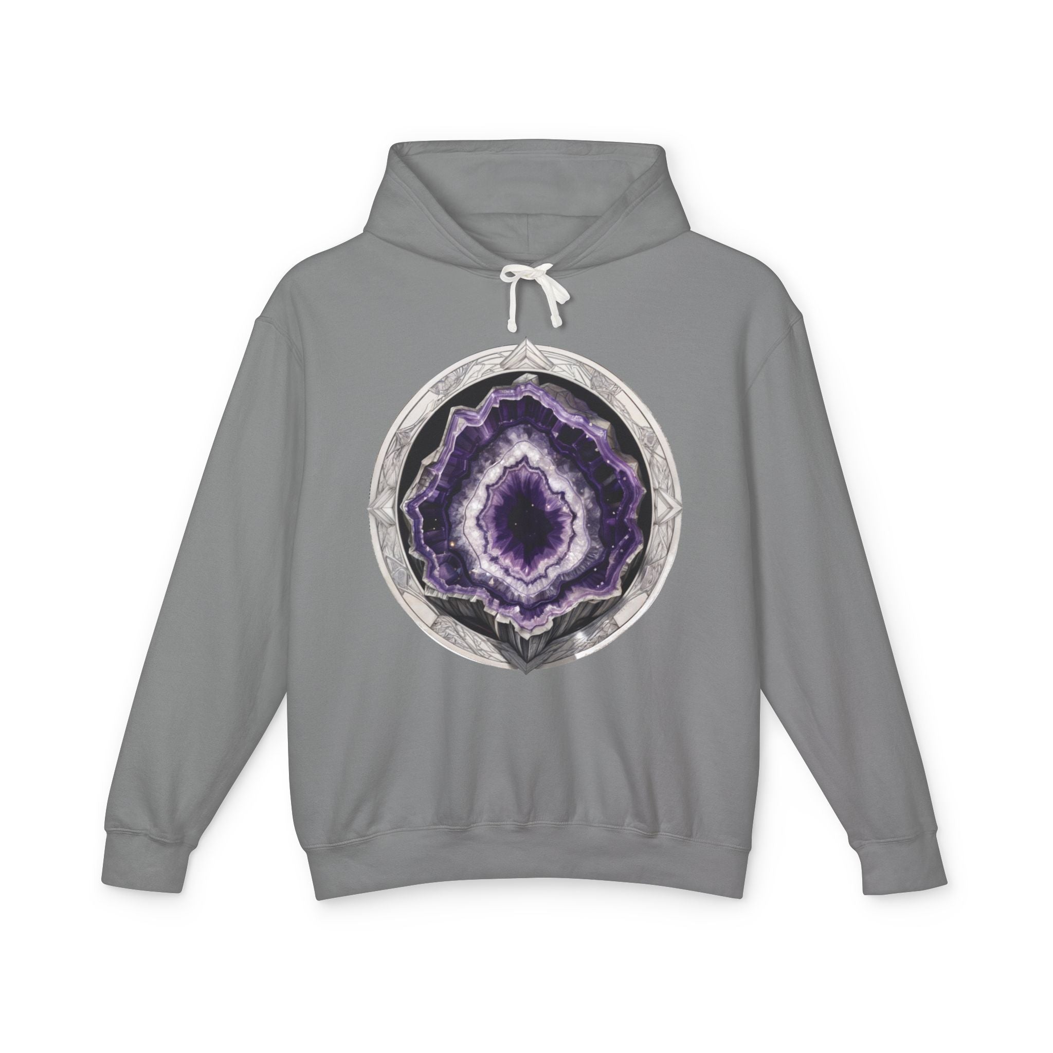 Printify Hoodie S / Grey Amethyst Crystals Gemstones - Lightweight Hoodie (Print On Front)