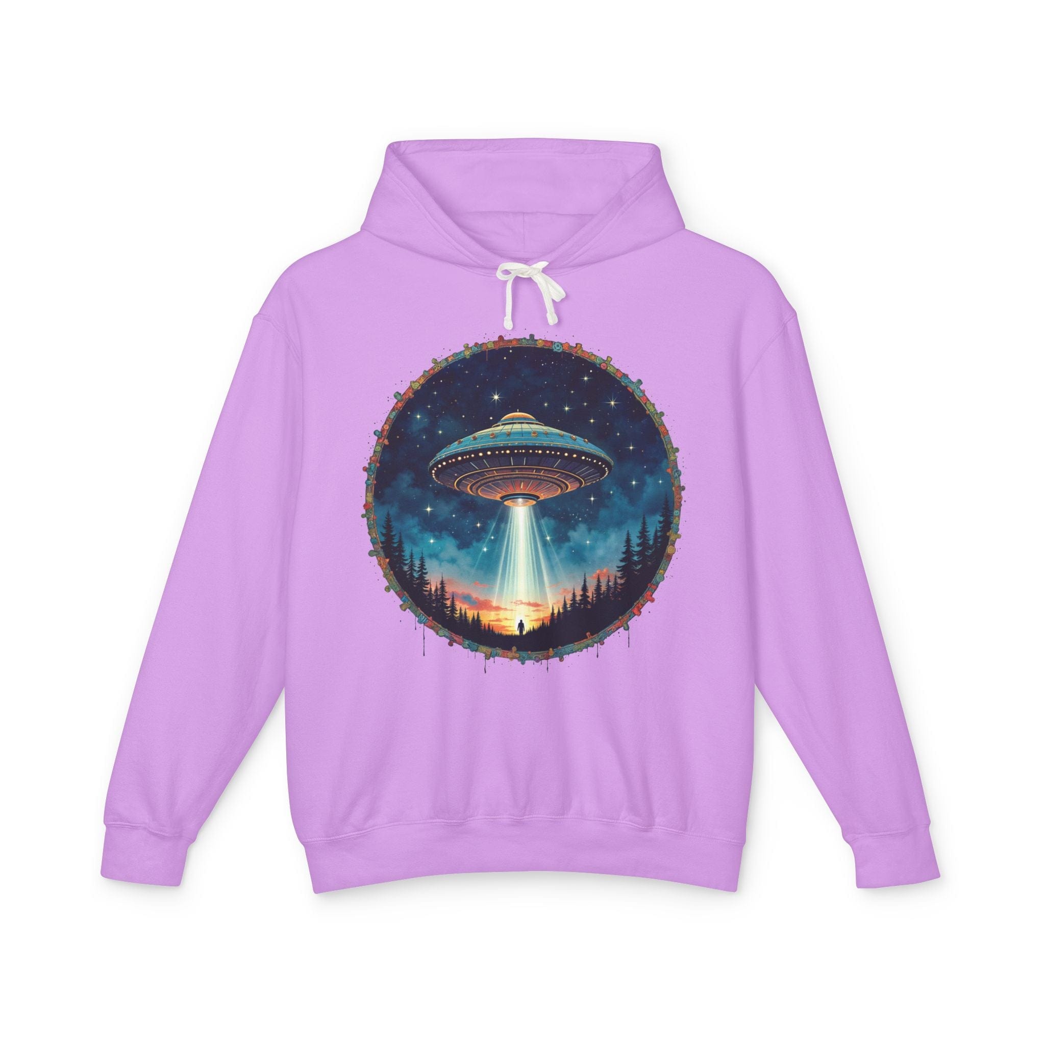 Printify Hoodie S / Neon Violet Hover Above UFO Cosmic - Lightweight Hoodie