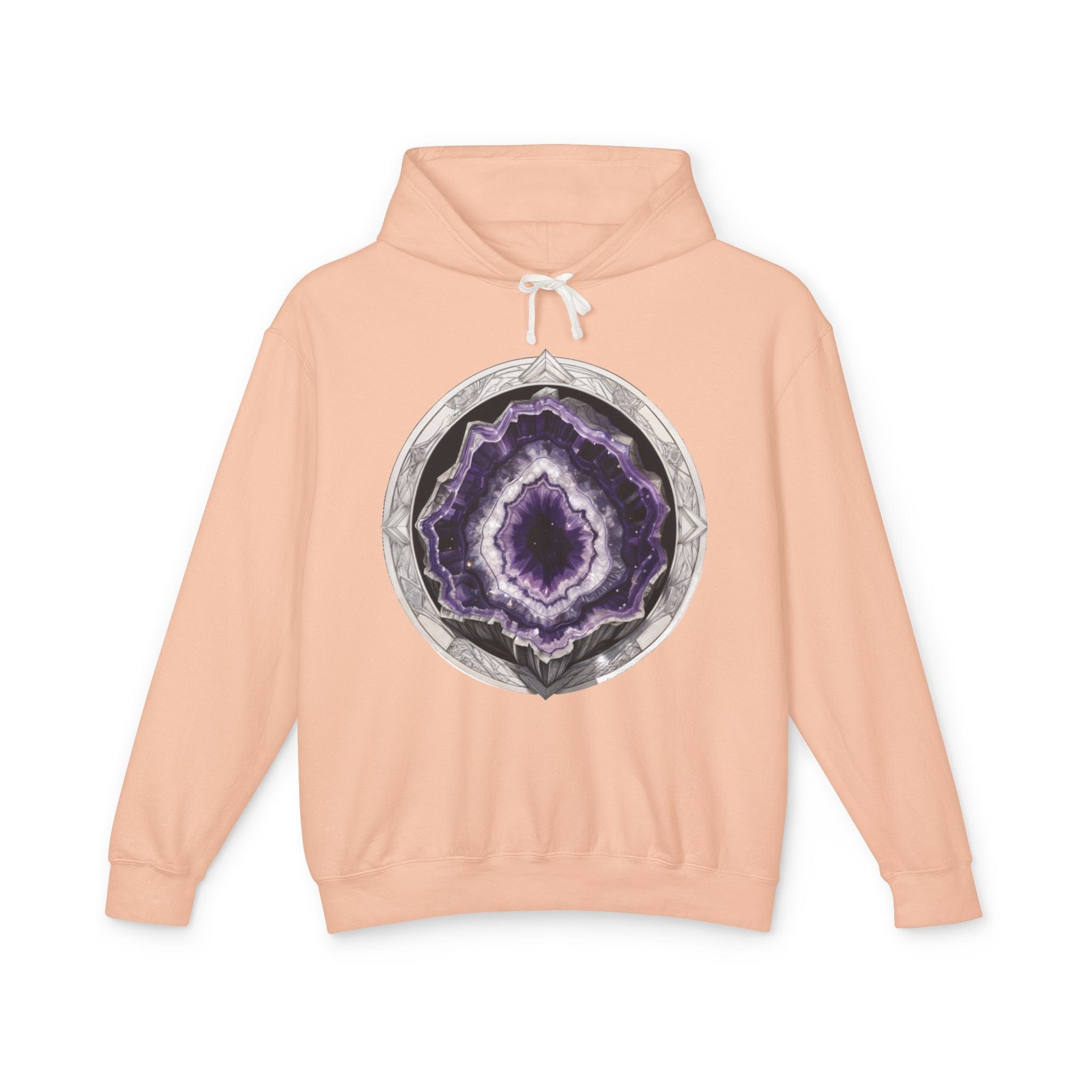Printify Hoodie S / Peachy Amethyst Crystals Gemstones - Lightweight Hoodie (Print On Front)