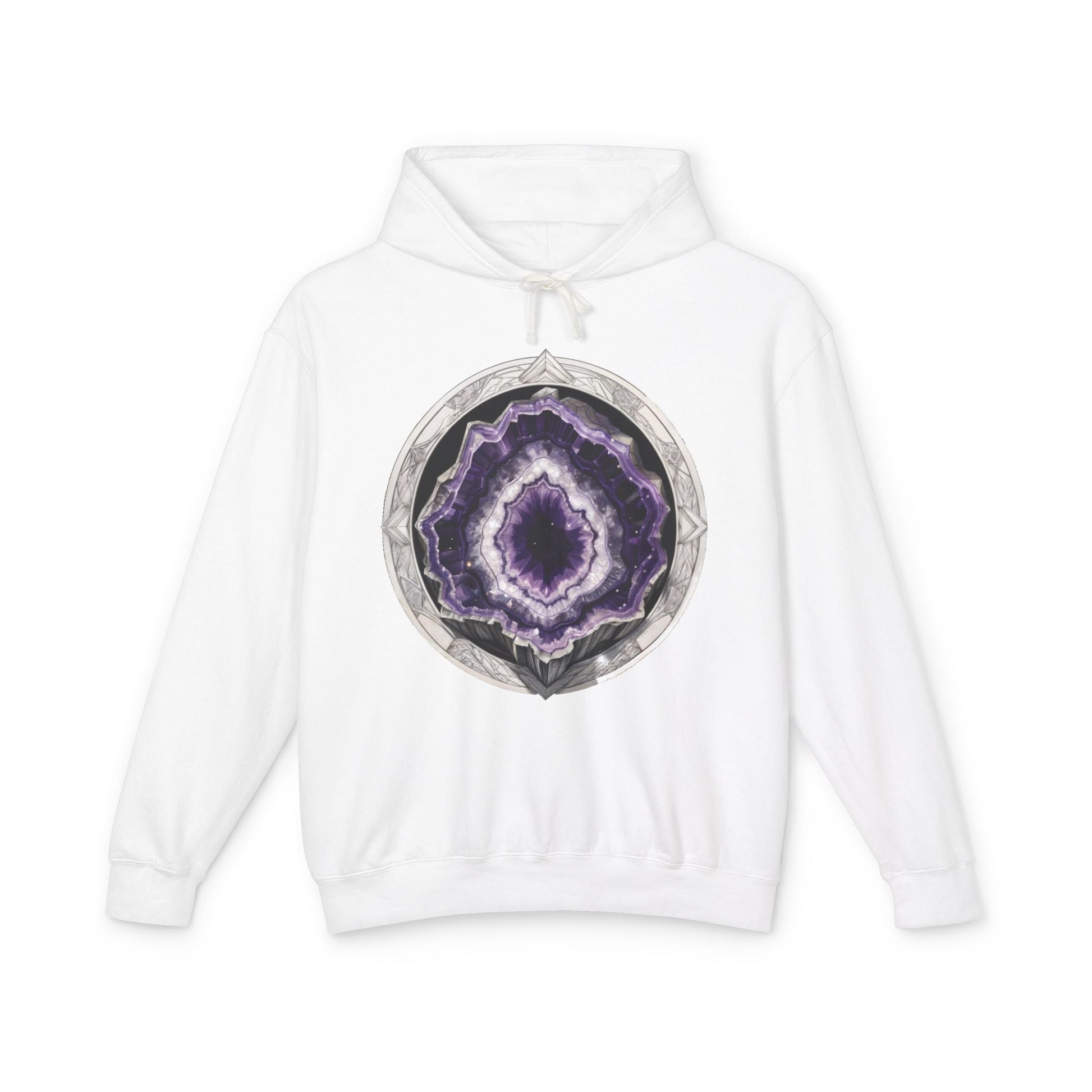 Printify Hoodie S / White Amethyst Crystals Gemstones - Lightweight Hoodie (Print On Front)