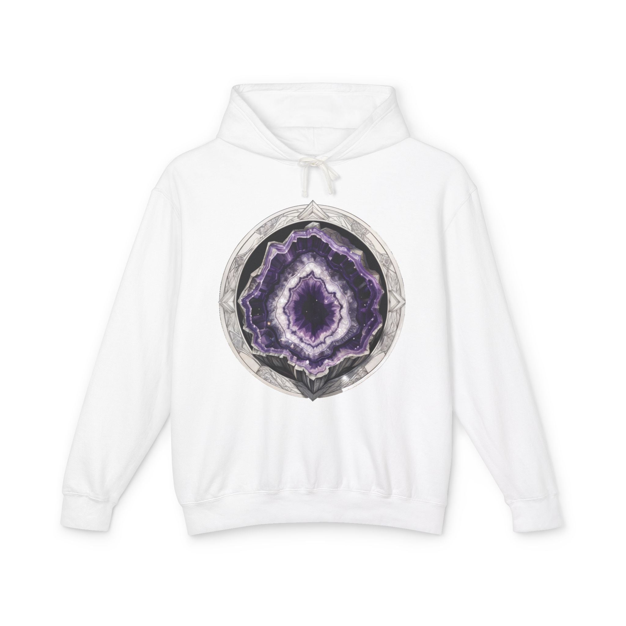 Printify Hoodie S / White Amethyst Crystals Gemstones - Lightweight Hoodie (Print On Front)
