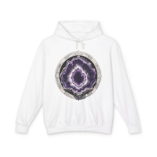 Printify Hoodie S / White Amethyst Crystals Gemstones - Lightweight Hoodie (Print On Front)