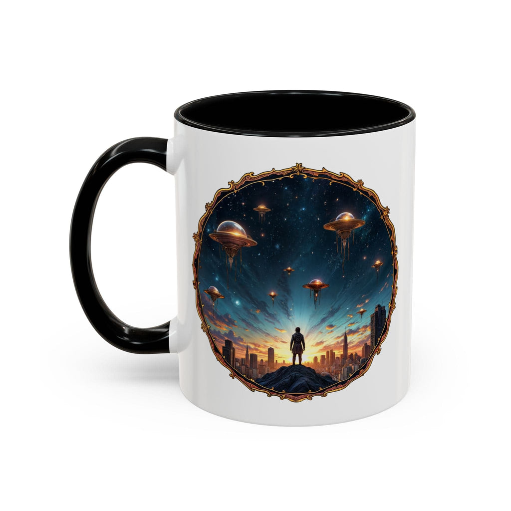 Printify Mug 11oz / Black UFO Coffee Mug Featuring Alien Family Reunion Quote - for Intergalactic Traveler Who Love Unique Quirky Gift Alien Jokes QR Code Quote Video