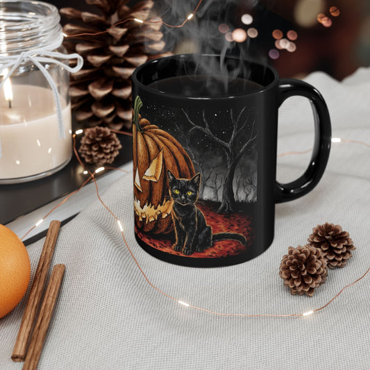Printify Mug 11oz Halloween Pumpkin Cat Mug, Spooky Coffee Cup, Autumn Decor, Gift for Cat Lovers, Halloween Party Supplies