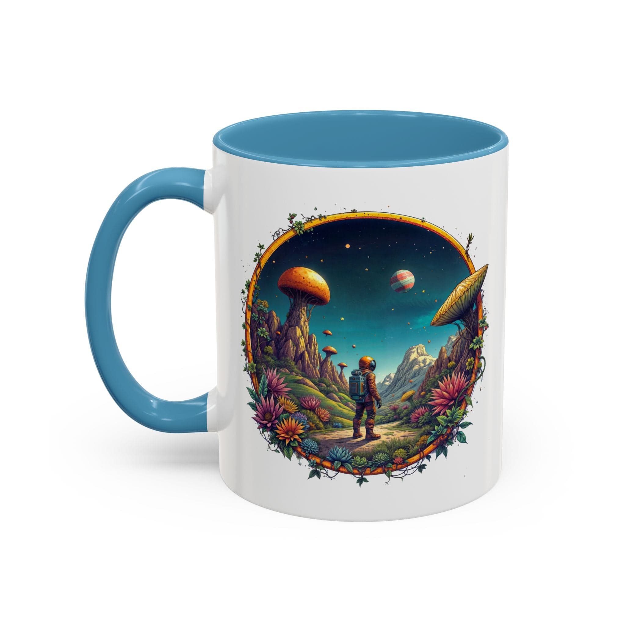 Printify Mug 11oz / Light Blue Mug - Cosmic Explorer - UFO & Cosmic QR Code Quote Video