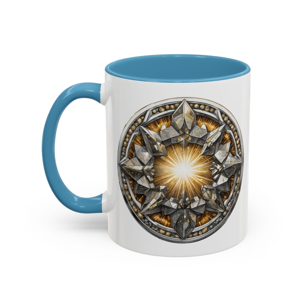 Printify Mug 11oz / Light Blue Pyrite Gemstone Coffee Mug with Uplifting Quote and QR Code Perfect for Achievers and Positive Vibes Enthusiasts Crystal Lovers