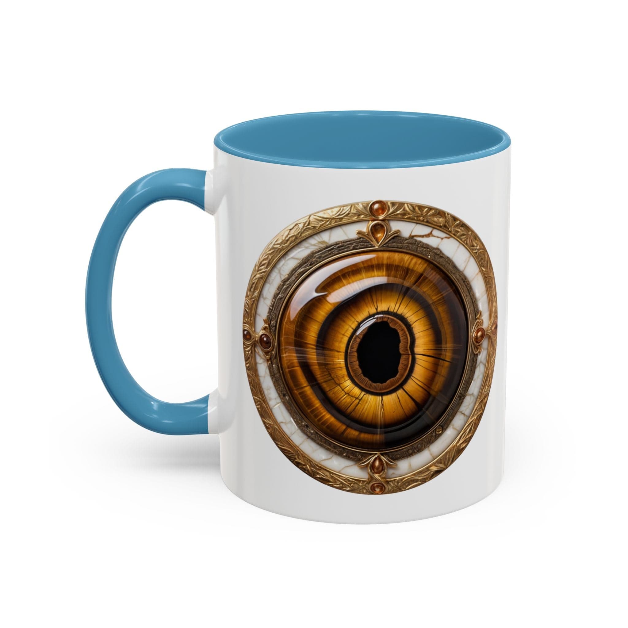 Printify Mug 11oz / Light Blue Tigers Eye Crystal Coffee Mug with Empowering Quote and QR Code Great Gemstone Gift for Adventurers and Goal Setter Lovers