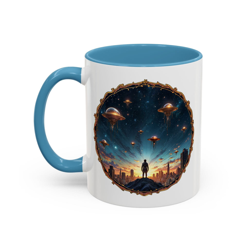 Printify Mug 11oz / Light Blue UFO Coffee Mug Featuring Alien Family Reunion Quote - for Intergalactic Traveler Who Love Unique Quirky Gift Alien Jokes QR Code Quote Video