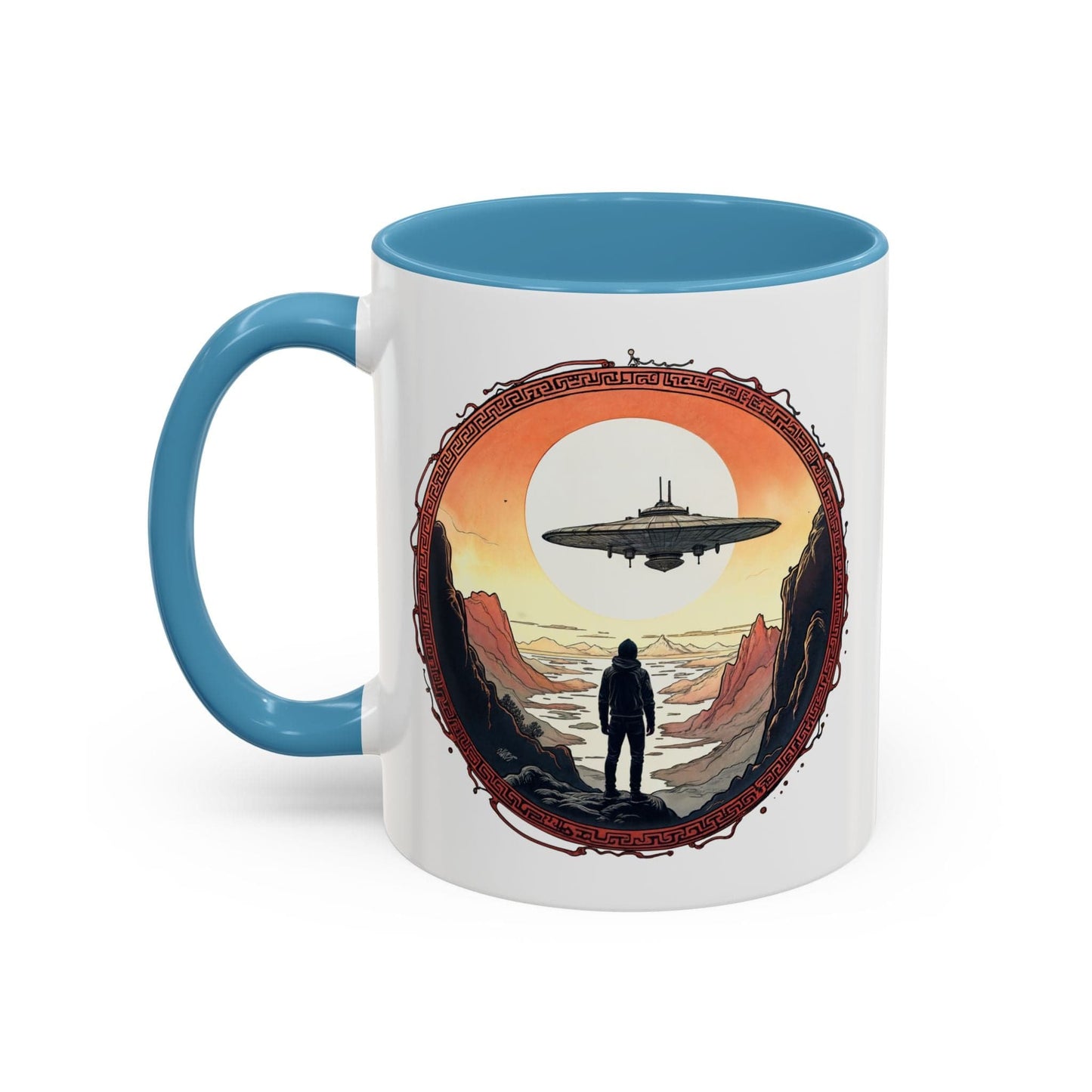 Printify Mug 11oz / Light Blue UFO Coffee Mug with Silly Missing Socks Quote for Skeptical Believers - Who Adore Unique Quirky Hilarious Alien Humor QR Code Quote Video