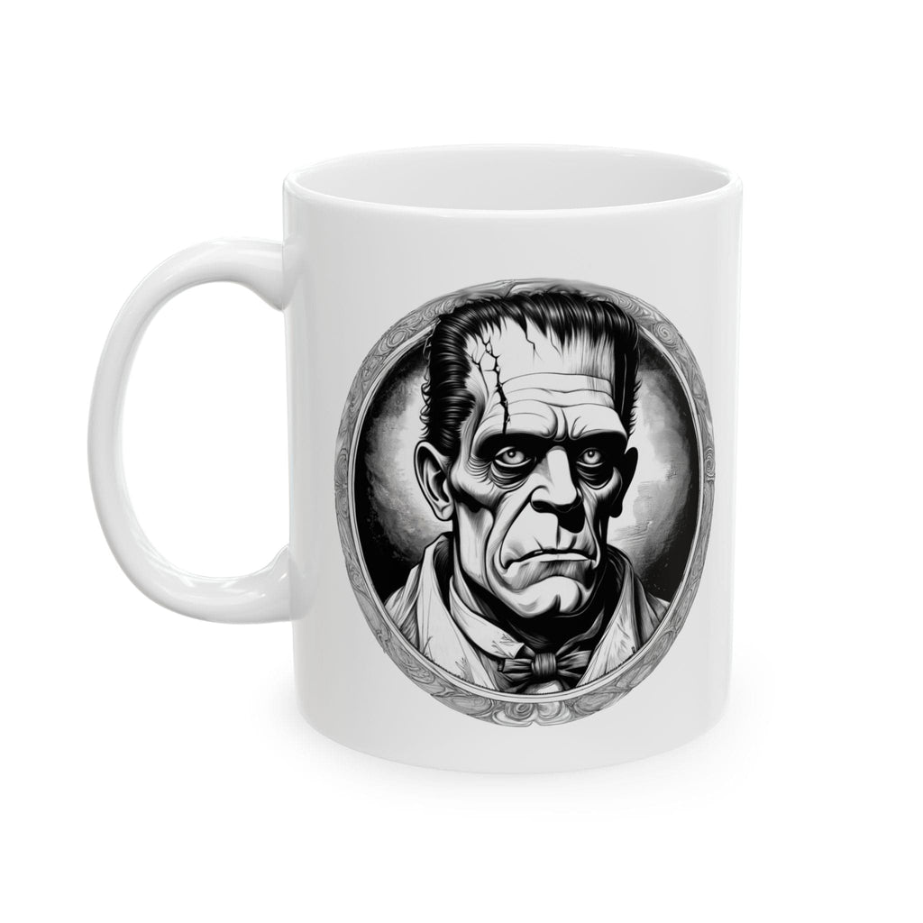Printify Mug 11oz Mug - Frankenstein's Monster - Mysteries & Monsters Inspirational QR Code Quote Video