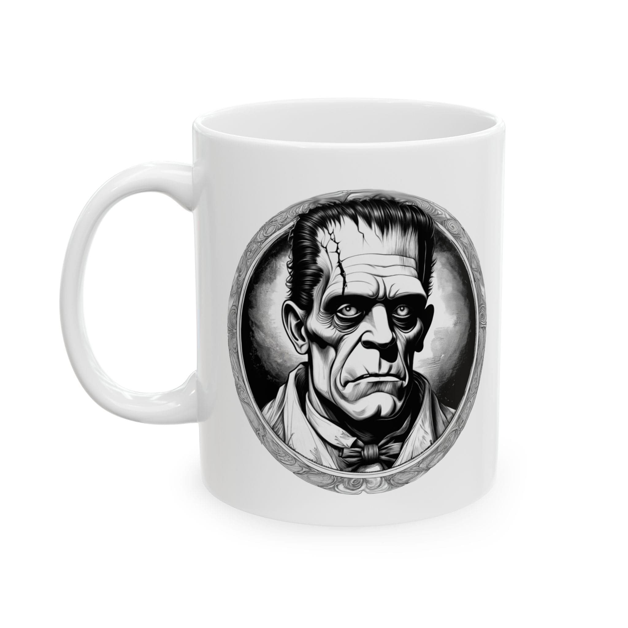 Printify Mug 11oz Mug - Frankenstein's Monster - Mysteries & Monsters Inspirational QR Code Quote Video