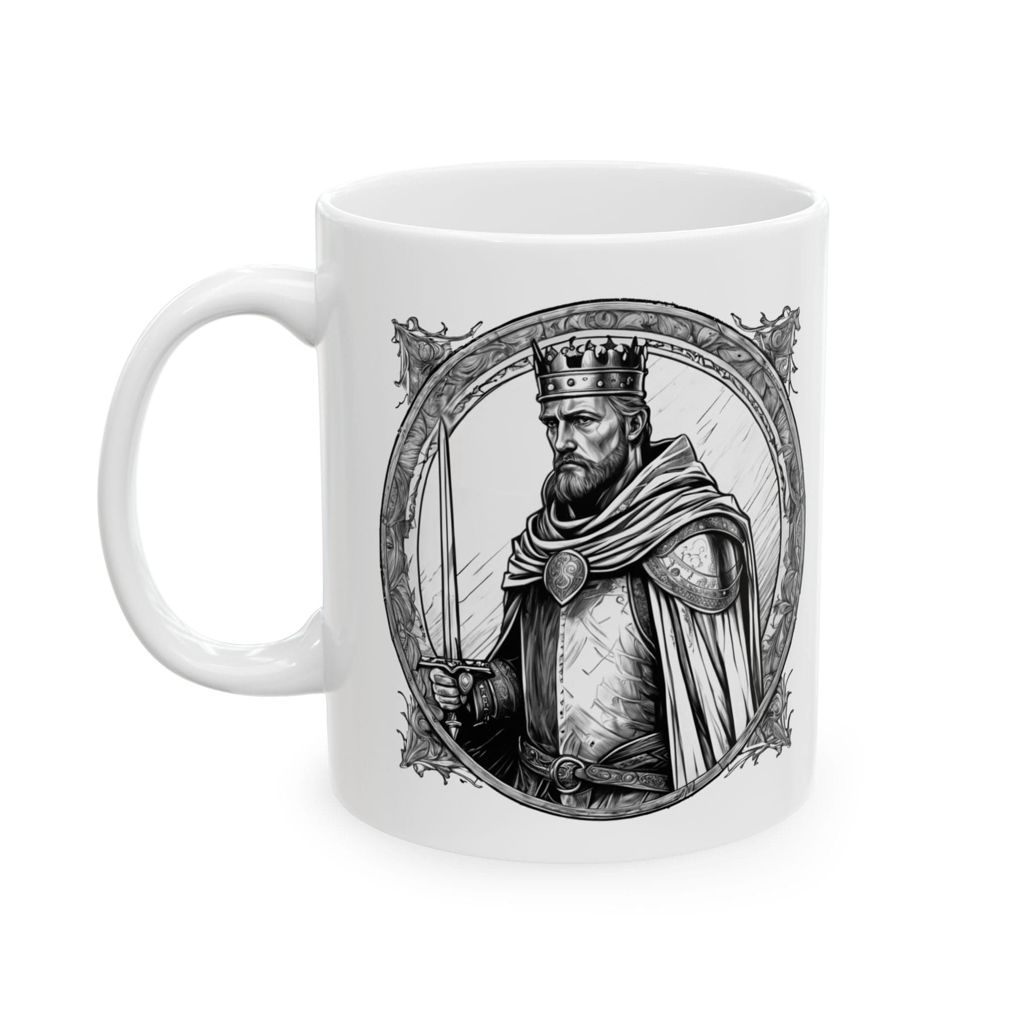 Printify Mug 11oz Mug - King Arthur - Heroes & Quests Motivational QR Code Quote Video