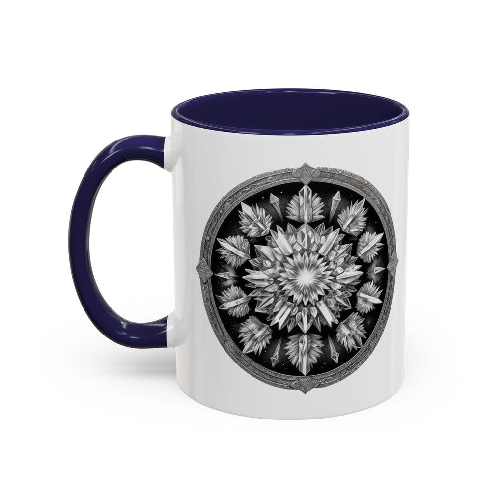 Printify Mug 11oz / Navy Clear Quartz Gemstone Coffee Mug with Empowering Quote and QR Code Perfect for Crystal Manifestation and Meditation Enthusiasts