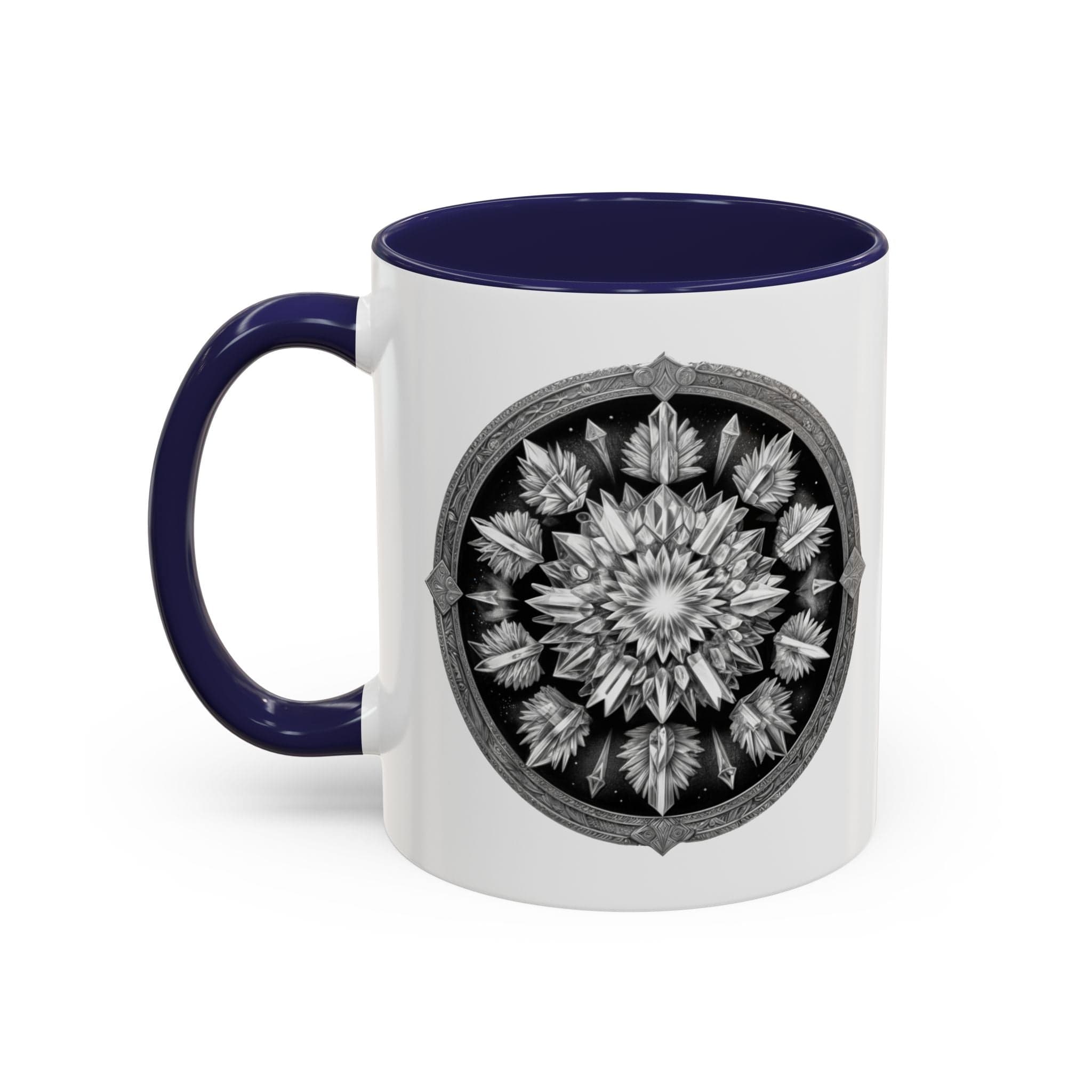 Printify Mug 11oz / Navy Clear Quartz Gemstone Coffee Mug with Empowering Quote and QR Code Perfect for Crystal Manifestation and Meditation Enthusiasts