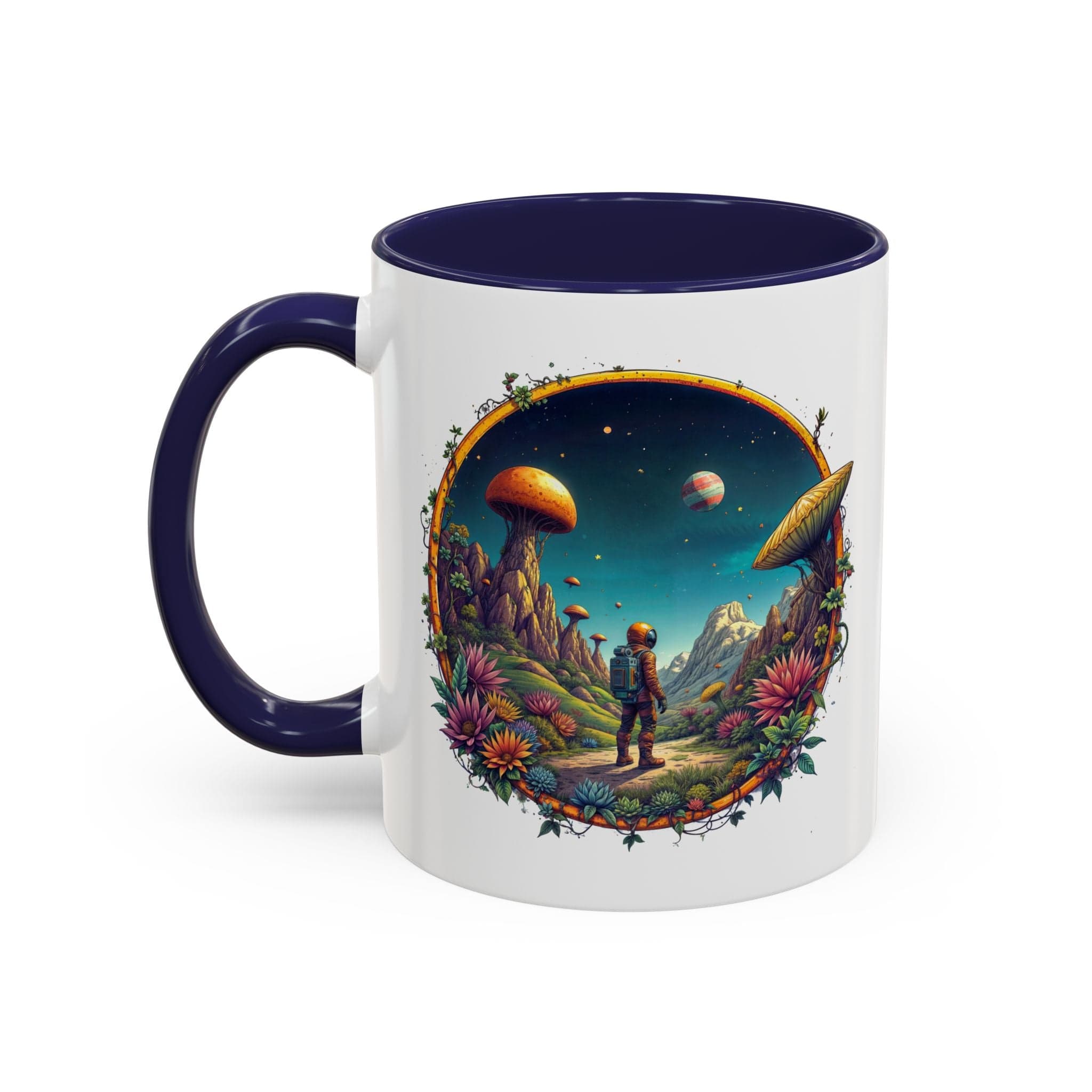 Printify Mug 11oz / Navy Mug - Cosmic Explorer - UFO & Cosmic QR Code Quote Video
