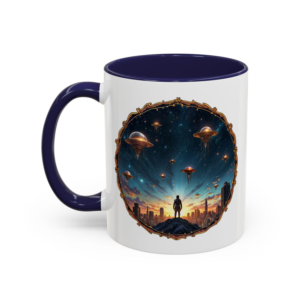 Printify Mug 11oz / Navy UFO Coffee Mug Featuring Alien Family Reunion Quote - for Intergalactic Traveler Who Love Unique Quirky Gift Alien Jokes QR Code Quote Video
