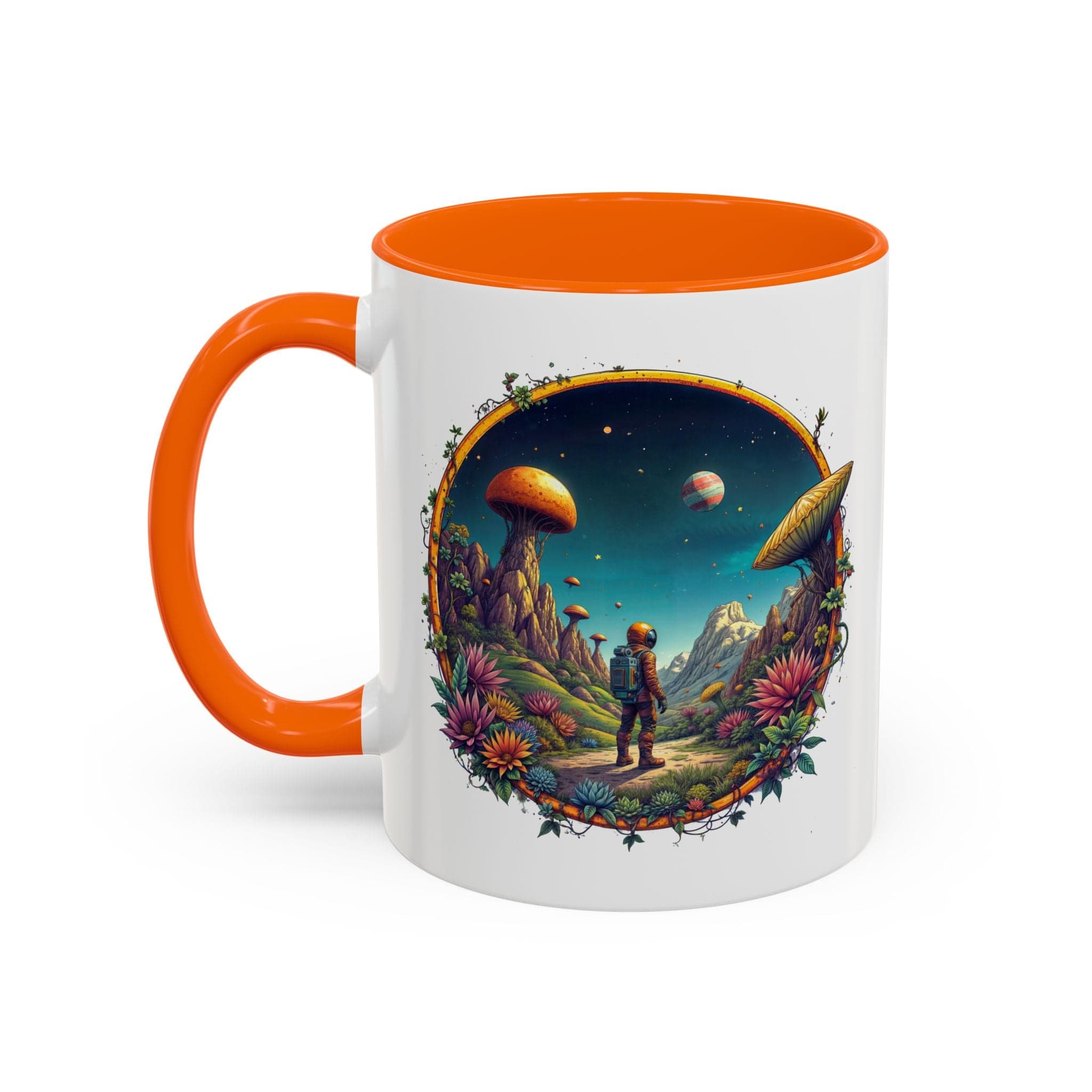 Printify Mug 11oz / Orange Mug - Cosmic Explorer - UFO & Cosmic QR Code Quote Video