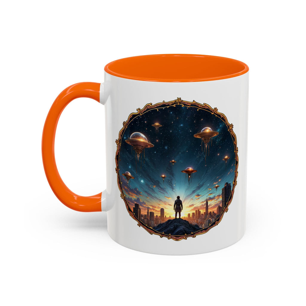 Printify Mug 11oz / Orange UFO Coffee Mug Featuring Alien Family Reunion Quote - for Intergalactic Traveler Who Love Unique Quirky Gift Alien Jokes QR Code Quote Video