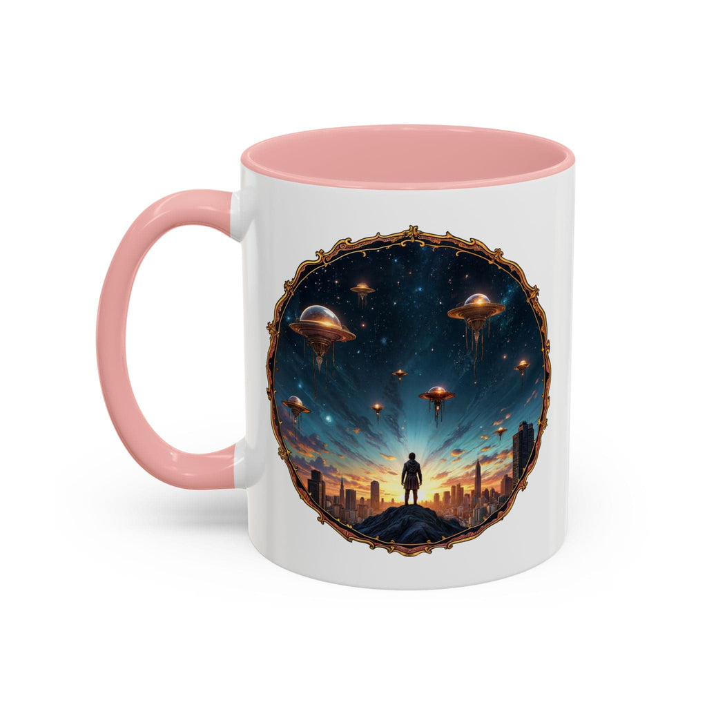 Printify Mug 11oz / Pink UFO Coffee Mug Featuring Alien Family Reunion Quote - for Intergalactic Traveler Who Love Unique Quirky Gift Alien Jokes QR Code Quote Video