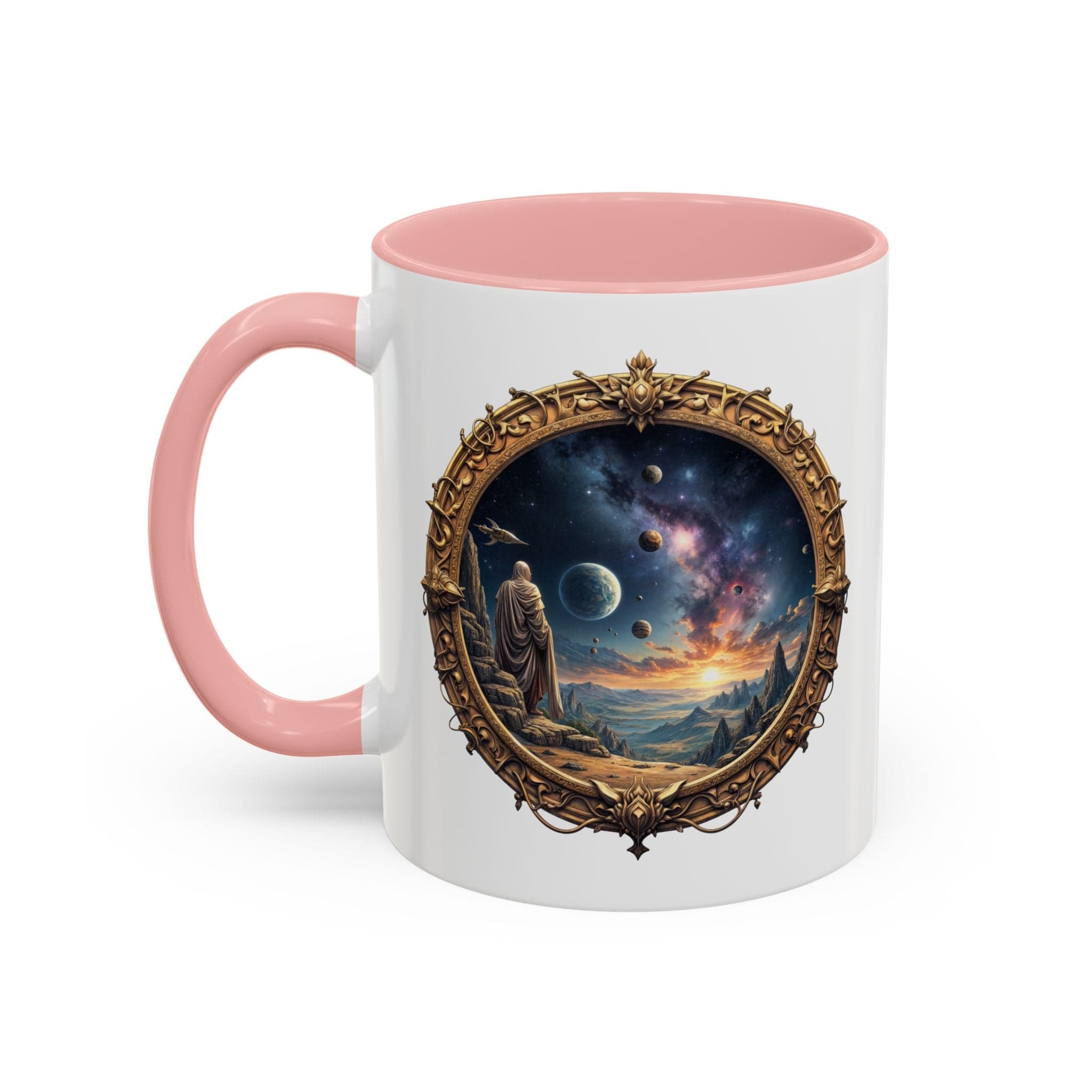 Printify Mug 11oz / Pink UFO Coffee Mug with Earth Pizza Quote for Space Enthusiasts - Who Love Unique Gift Funny Intergalactic Space Humor QR Code Quote Video