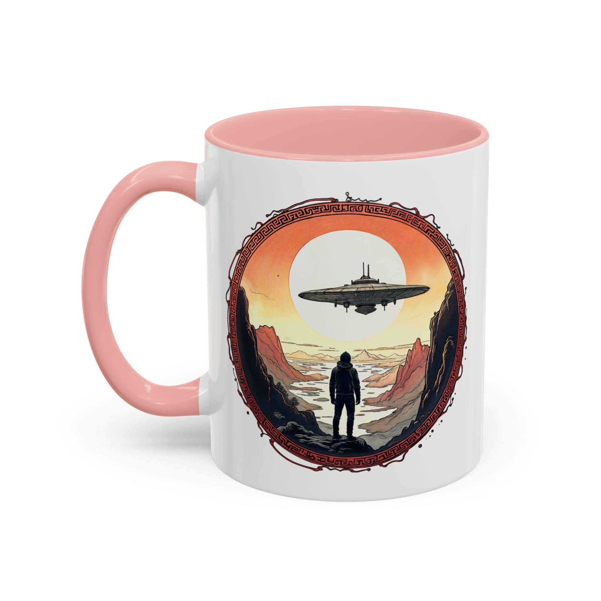 Printify Mug 11oz / Pink UFO Coffee Mug with Silly Missing Socks Quote for Skeptical Believers - Who Adore Unique Quirky Hilarious Alien Humor QR Code Quote Video