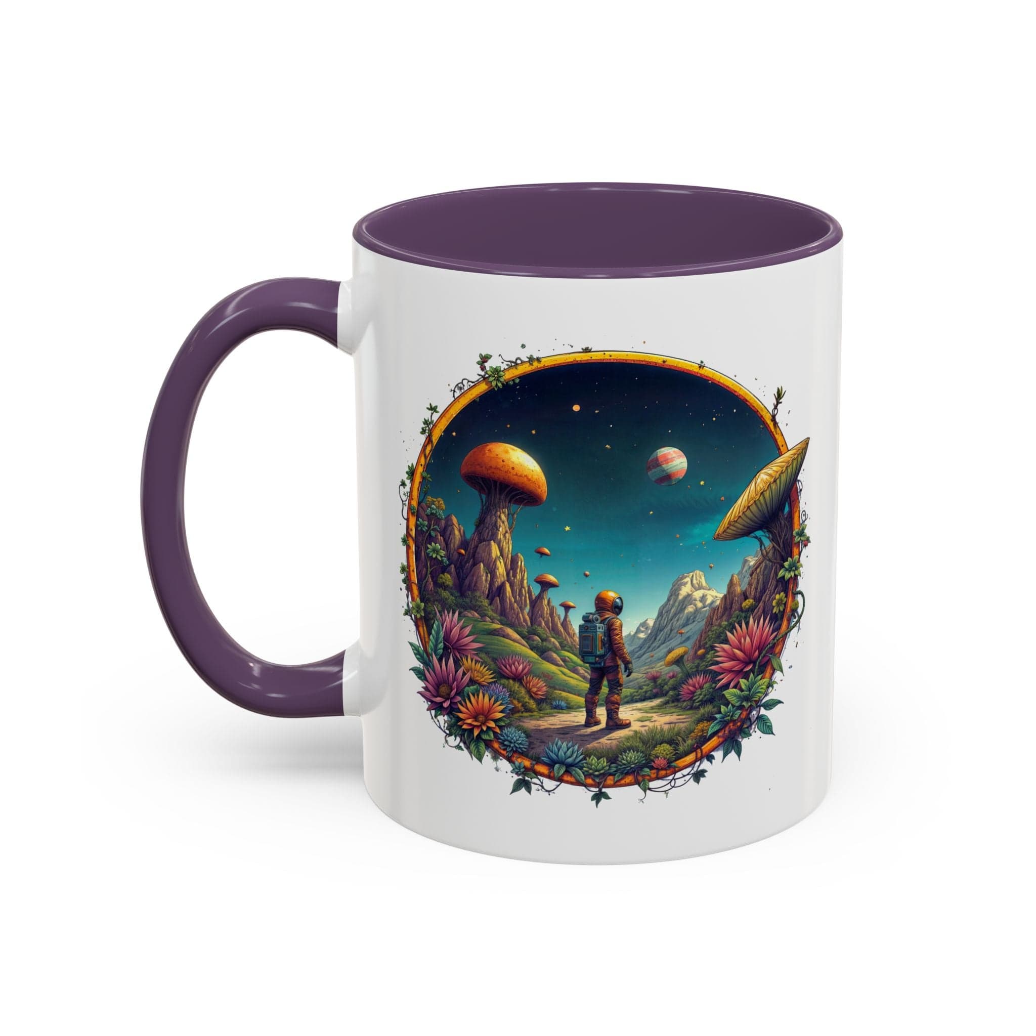 Printify Mug 11oz / Purple Mug - Cosmic Explorer - UFO & Cosmic QR Code Quote Video