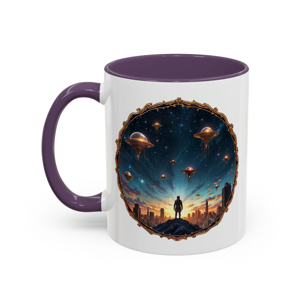 Printify Mug 11oz / Purple UFO Coffee Mug Featuring Alien Family Reunion Quote - for Intergalactic Traveler Who Love Unique Quirky Gift Alien Jokes QR Code Quote Video