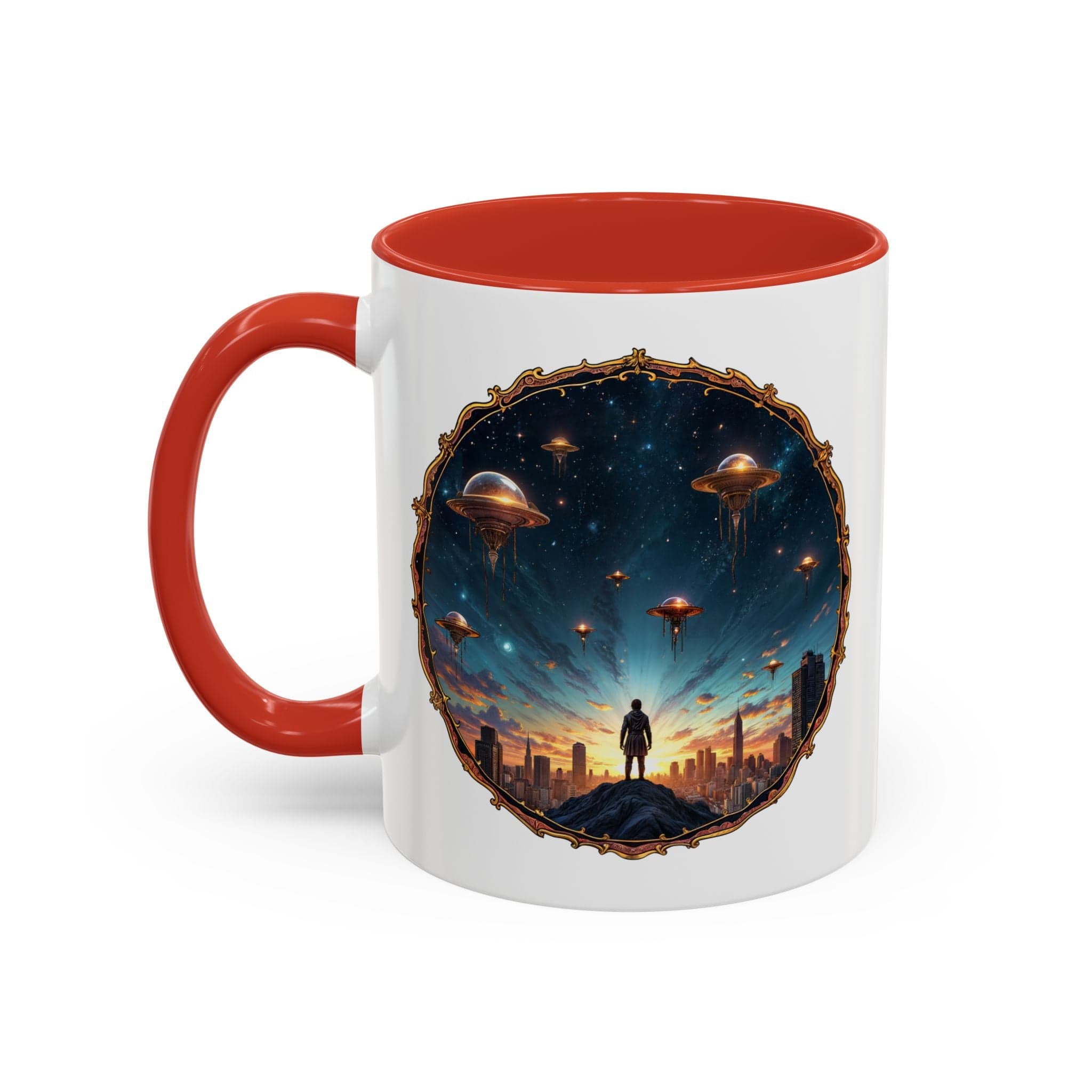 Printify Mug 11oz / Red UFO Coffee Mug Featuring Alien Family Reunion Quote - for Intergalactic Traveler Who Love Unique Quirky Gift Alien Jokes QR Code Quote Video