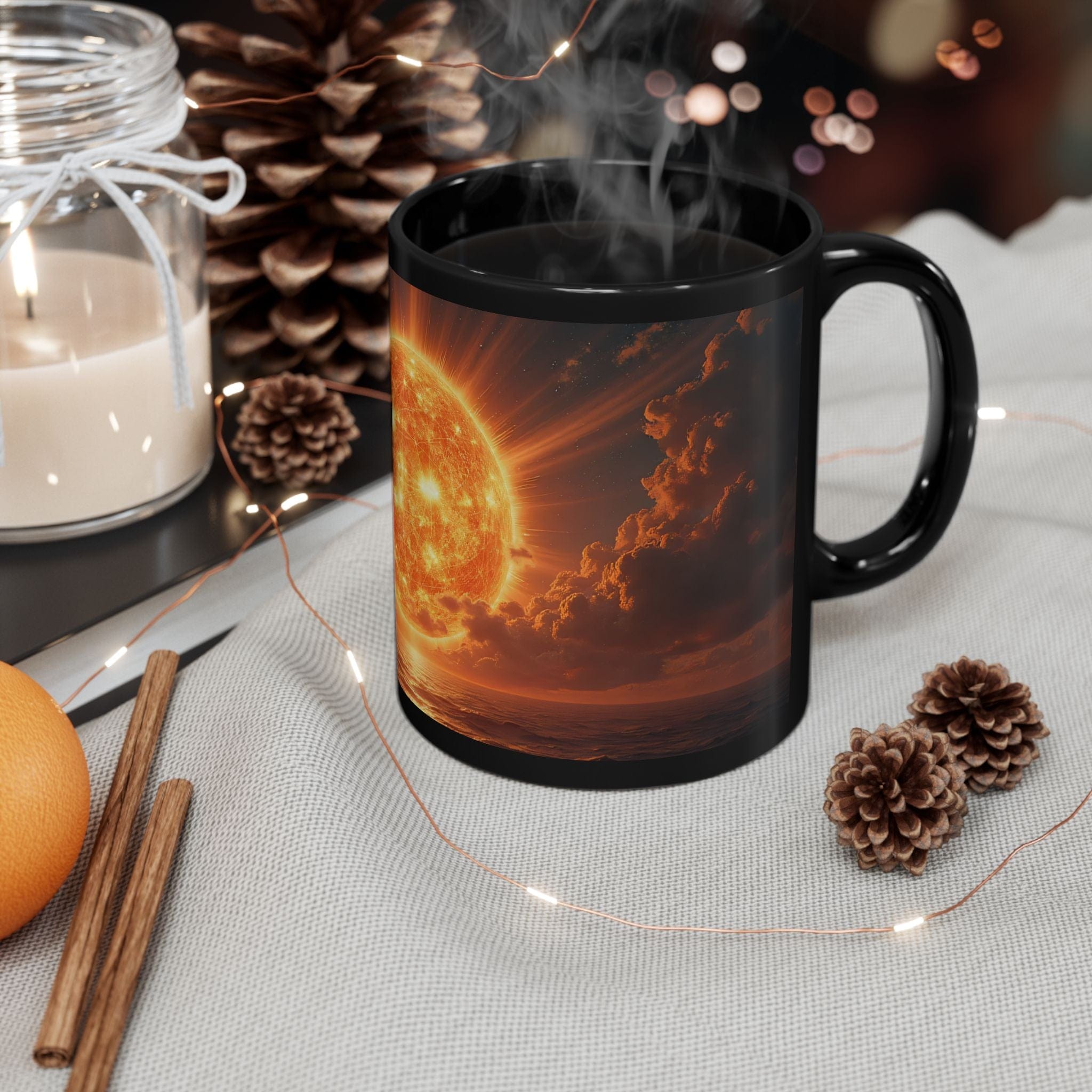 Printify Mug 11oz Vibrant Sun-Inspired Black Ceramic Mug for Coffee, Tea & Hot Beverages - Unique Sunrise Lover Gift