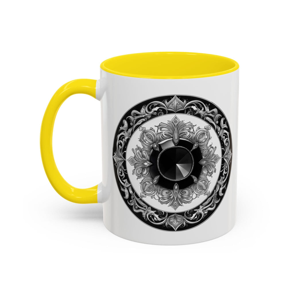 Printify Mug 11oz / Yellow Black Tourmaline Gemstone Coffee Mug with Grounding Quote and QR Code Perfect Crystal Shield for Home and Office Unique Drinkware