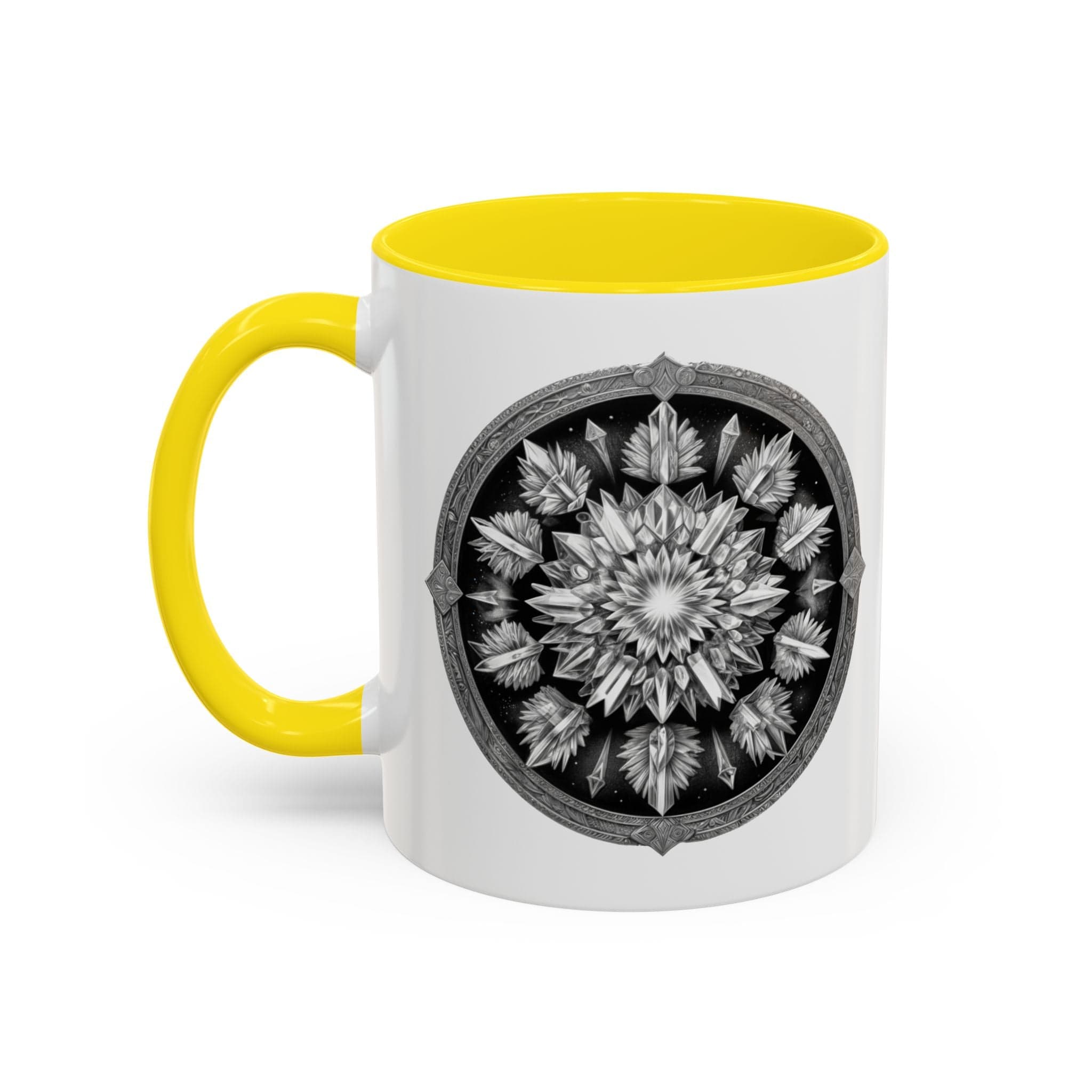 Printify Mug 11oz / Yellow Clear Quartz Gemstone Coffee Mug with Empowering Quote and QR Code Perfect for Crystal Manifestation and Meditation Enthusiasts