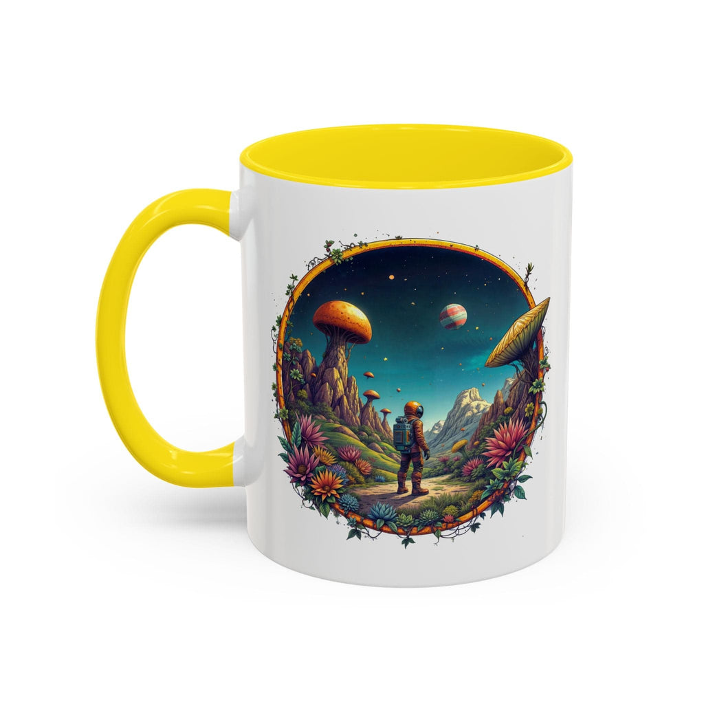 Printify Mug 11oz / Yellow Mug - Cosmic Explorer - UFO & Cosmic QR Code Quote Video