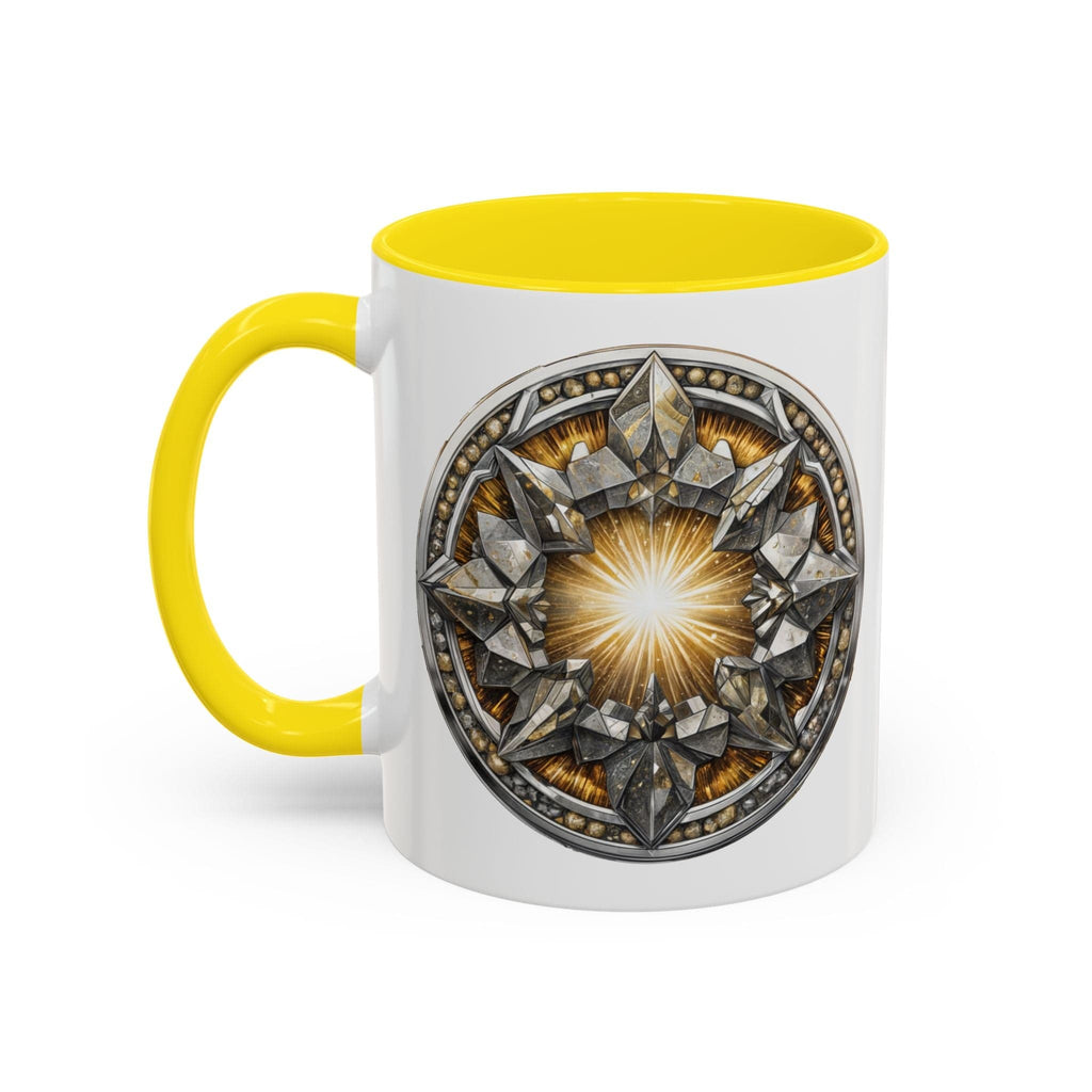 Printify Mug 11oz / Yellow Pyrite Gemstone Coffee Mug with Uplifting Quote and QR Code Perfect for Achievers and Positive Vibes Enthusiasts Crystal Lovers