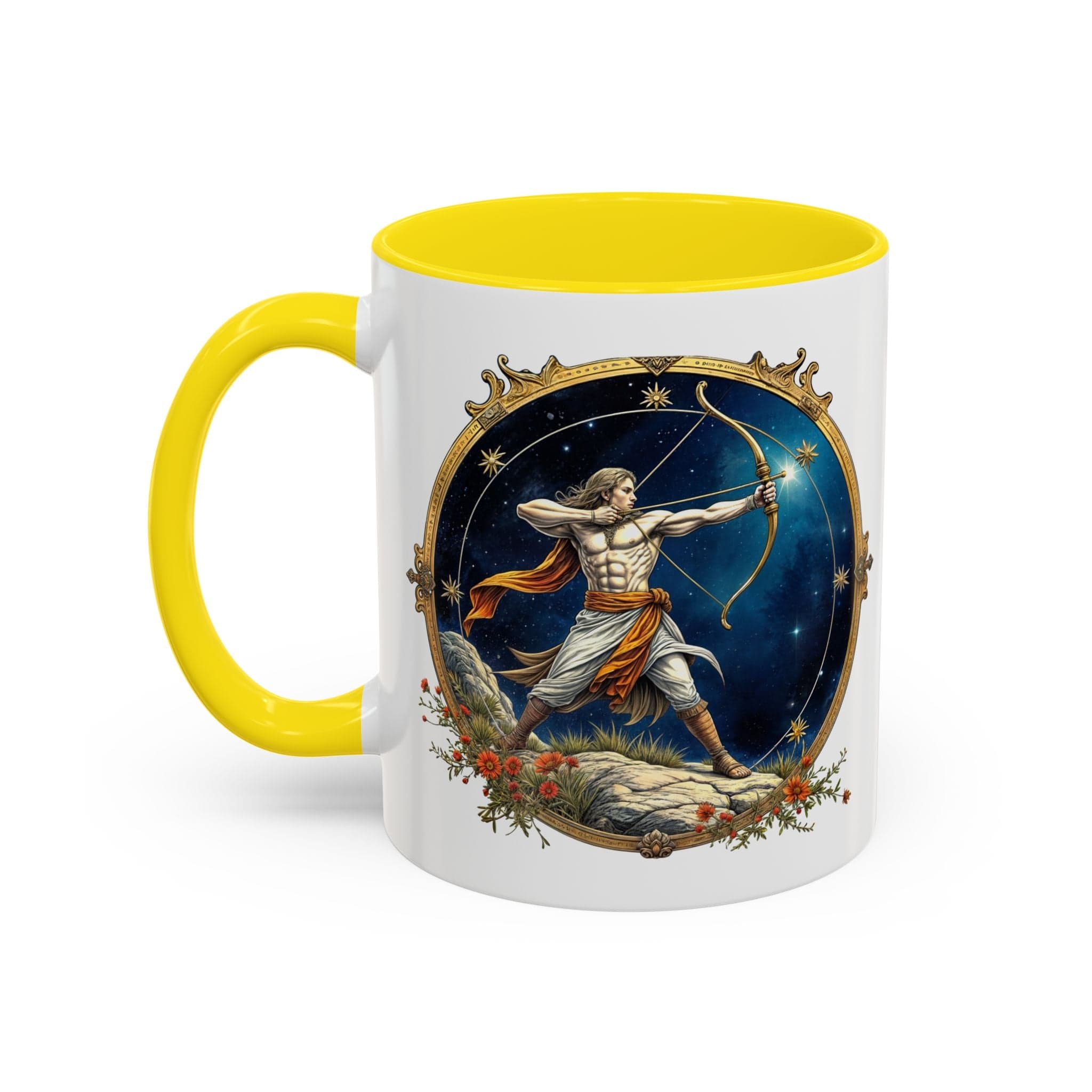 Printify Mug 11oz / Yellow Sagittarius Zodiac Coffee Mug with Inspirational Quote and Smart QR Code Adventurous Astrology Gift Horoscope Mug for Sagittarius Fans