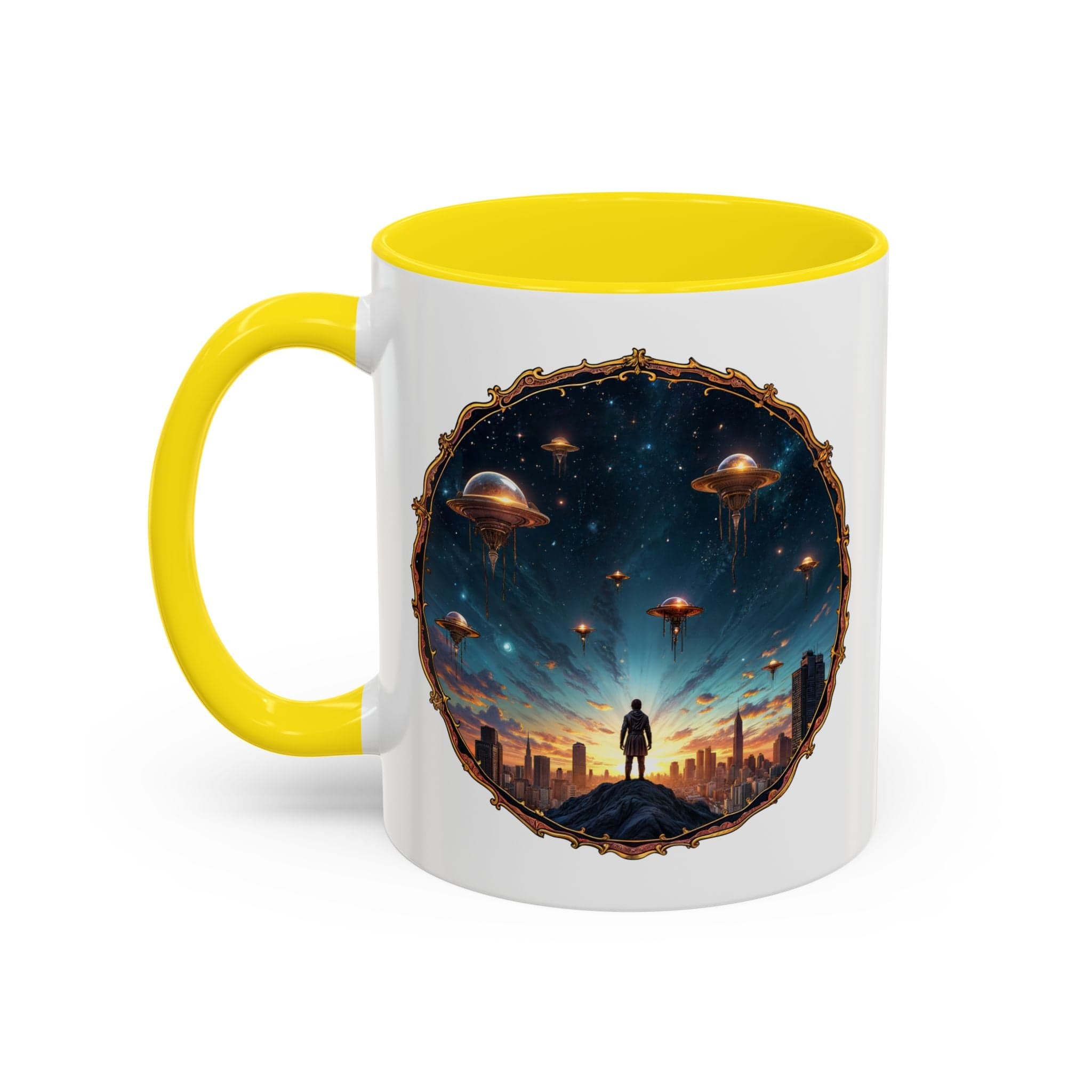 Printify Mug 11oz / Yellow UFO Coffee Mug Featuring Alien Family Reunion Quote - for Intergalactic Traveler Who Love Unique Quirky Gift Alien Jokes QR Code Quote Video