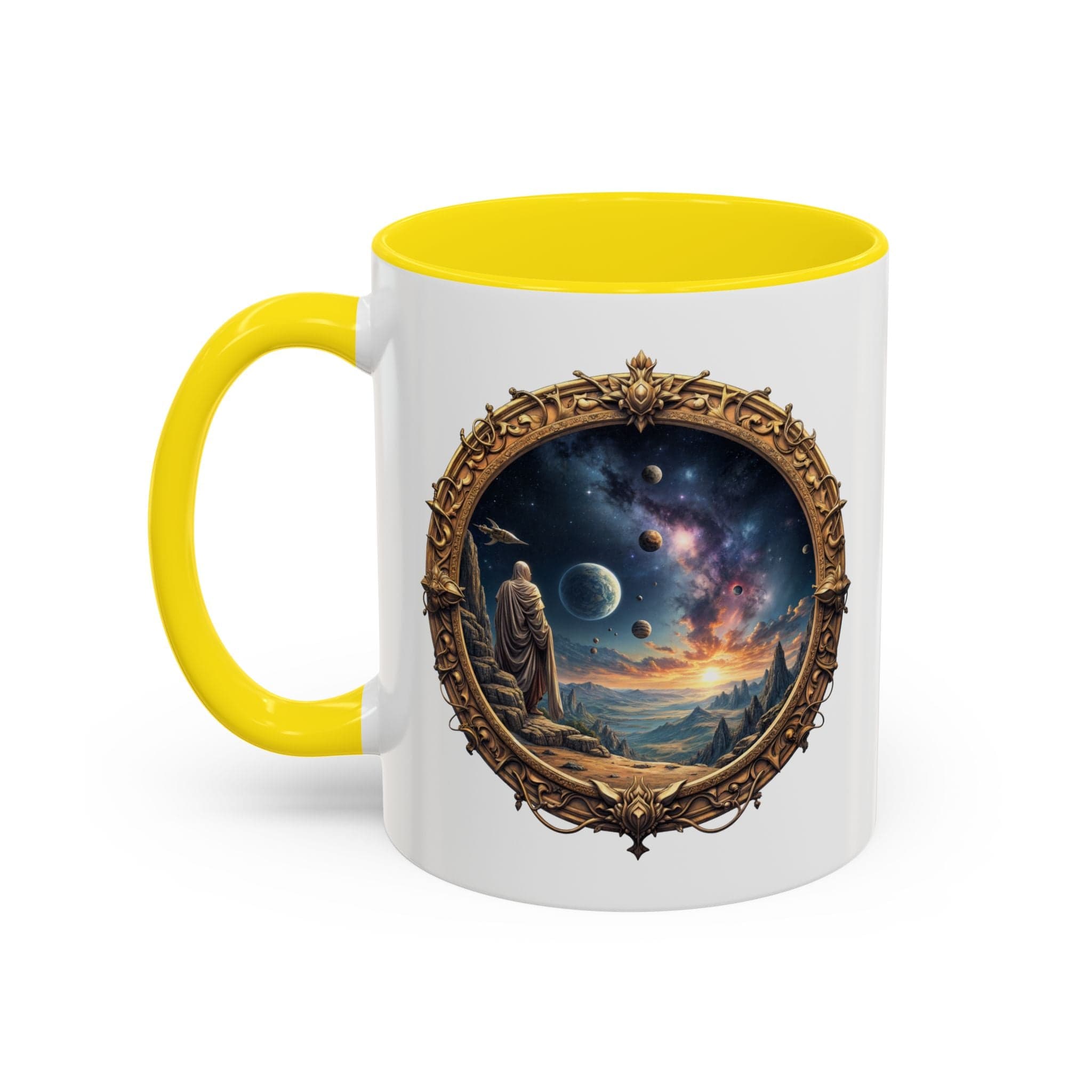 Printify Mug 11oz / Yellow UFO Coffee Mug with Earth Pizza Quote for Space Enthusiasts - Who Love Unique Gift Funny Intergalactic Space Humor QR Code Quote Video