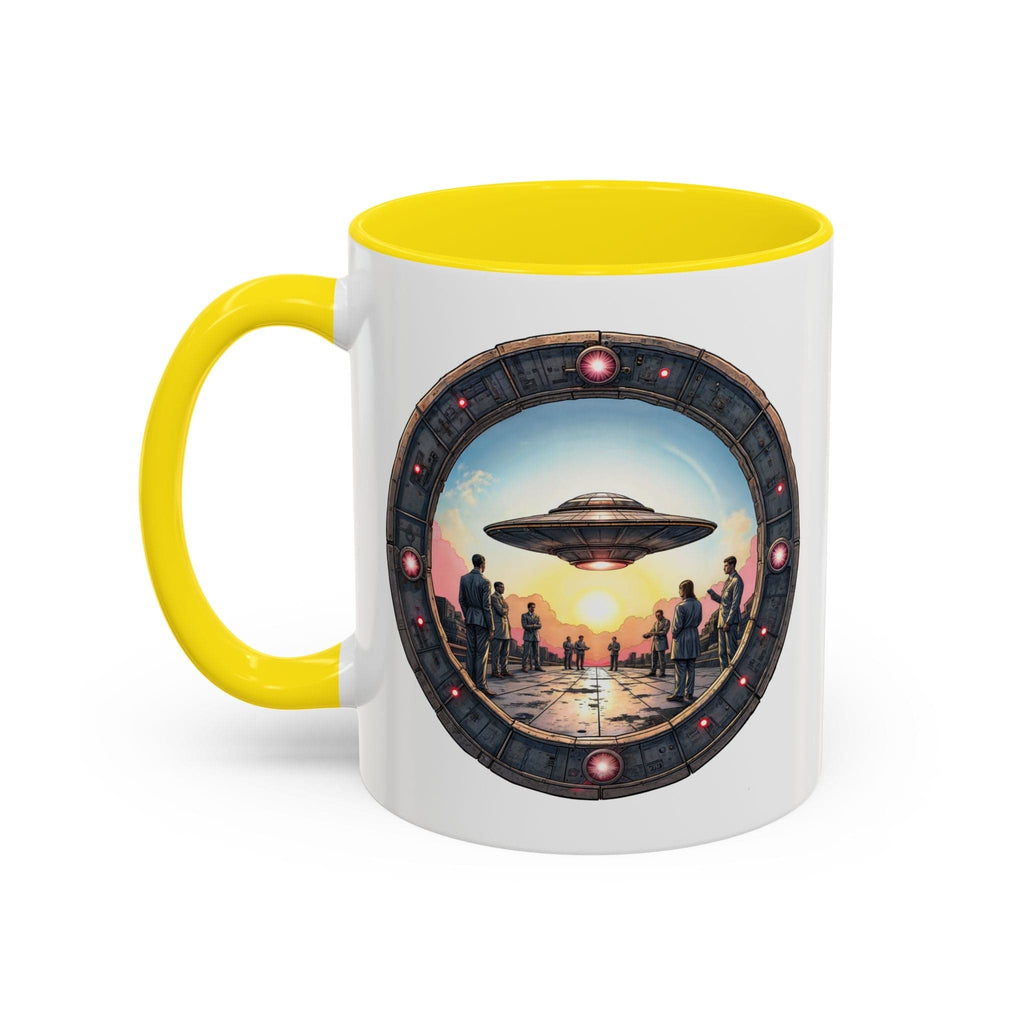 Printify Mug 11oz / Yellow UFO Coffee Mug with Funny Conspiracy Theory Quotes - for Enthusiasts Who Enjoy Mysterious Area 51 Humor Unique Gift Idea QR Code Quote Video