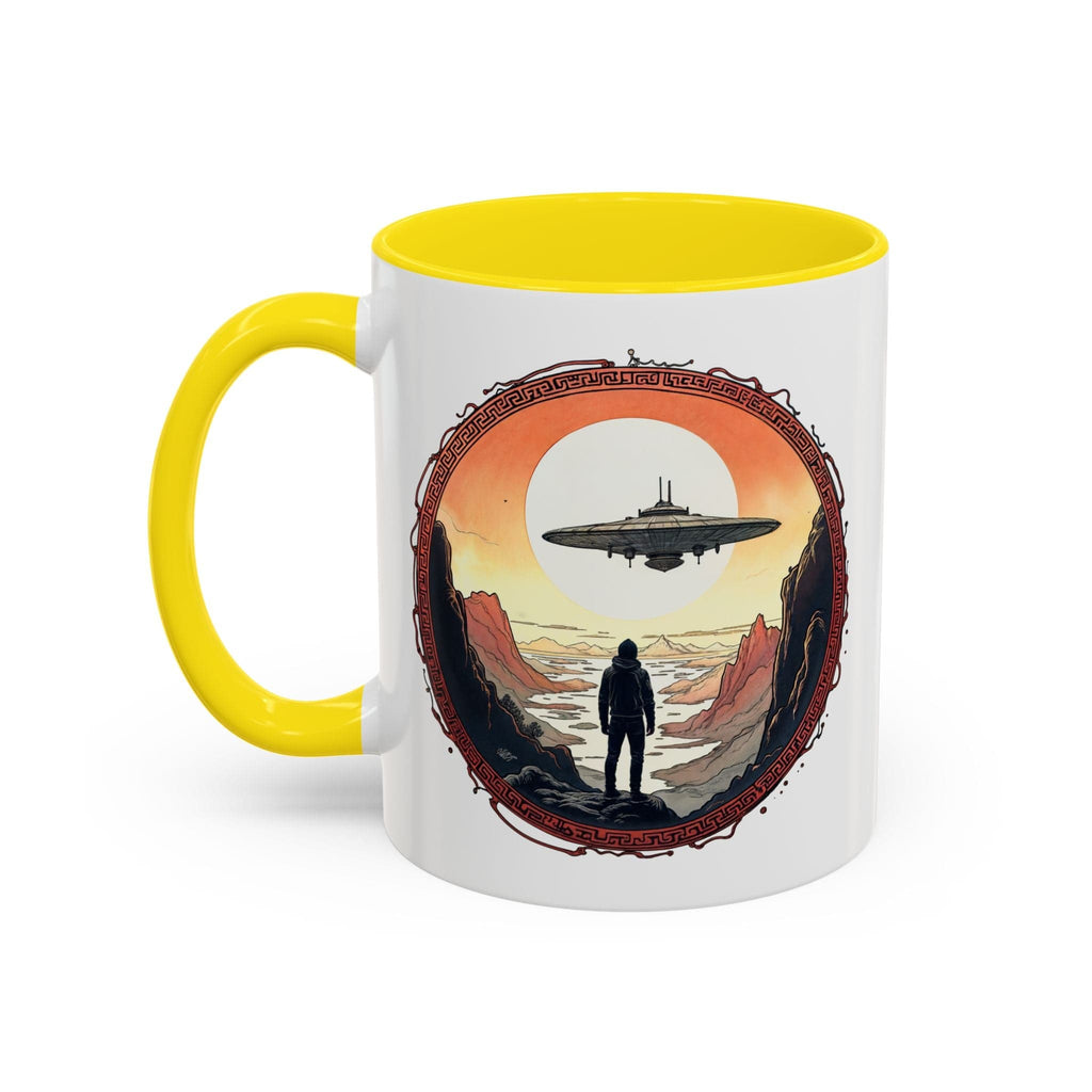 Printify Mug 11oz / Yellow UFO Coffee Mug with Silly Missing Socks Quote for Skeptical Believers - Who Adore Unique Quirky Hilarious Alien Humor QR Code Quote Video